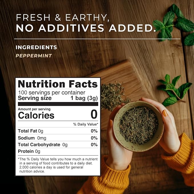 Gya Tea Co Peppermint Herbal Tea Bags (100 Bags) - Caffeine Free with a Tangy Flavor for All Day Comfort, Calming, Relaxing & Nourishing - Fruit & Herbal Blends