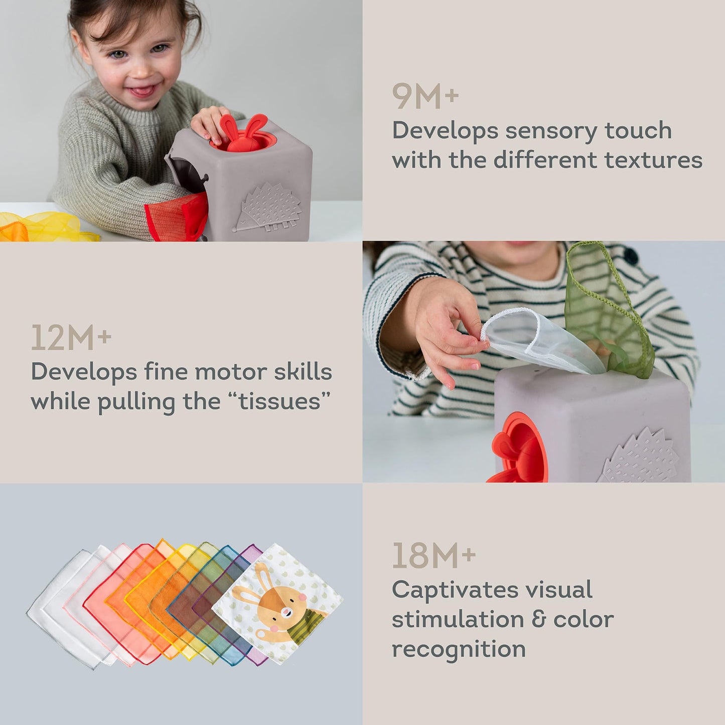 Taf Toys Baby Tissue Box Toy Silicone Baby Toys 6-12 Months Montessori Toys Sensory Activity & 10 Tissues for Fine Motor Development Soft Interactive Silicone Learning Cube for 1 Year Old Toddlers