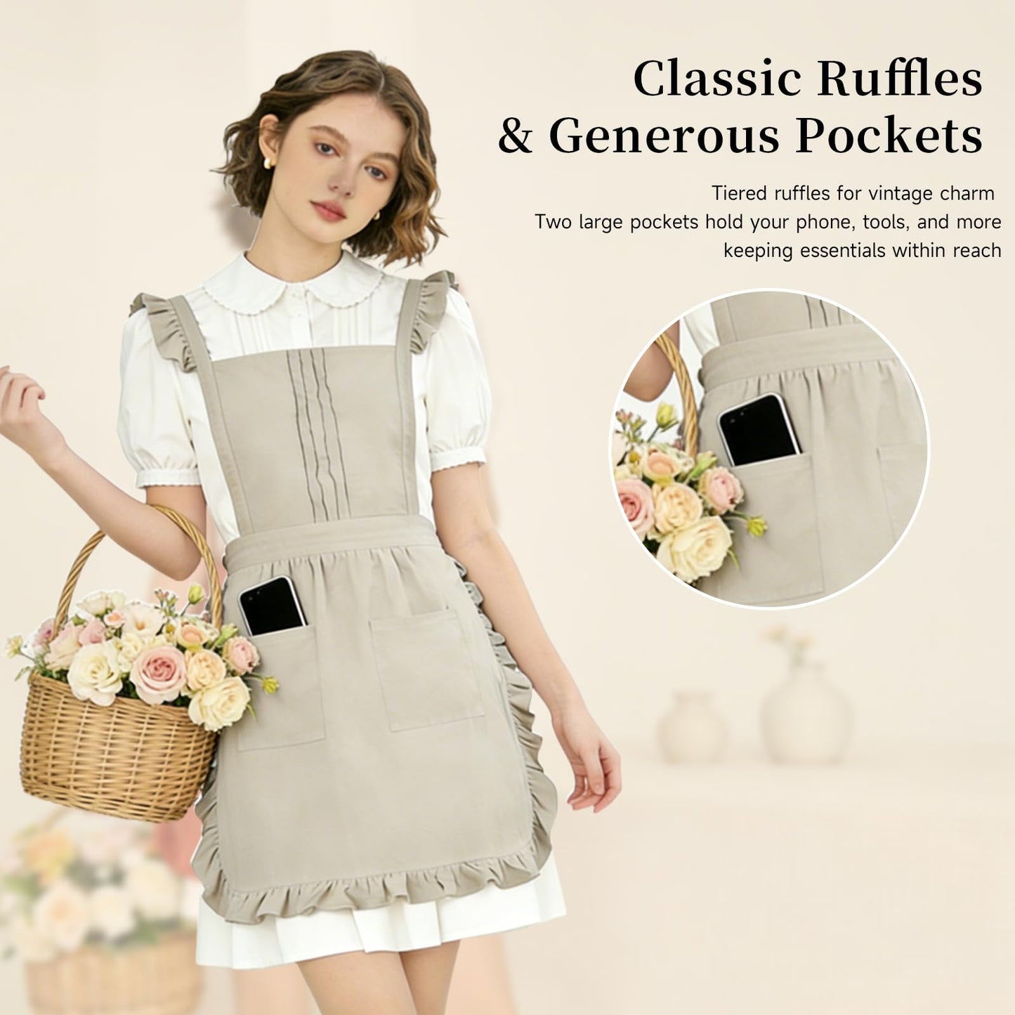 Vintage Ruffle Apron for Women with Pocket, Frilly Kitchen Cooking Waitress Maid Costume Skirt Style（Beige）
