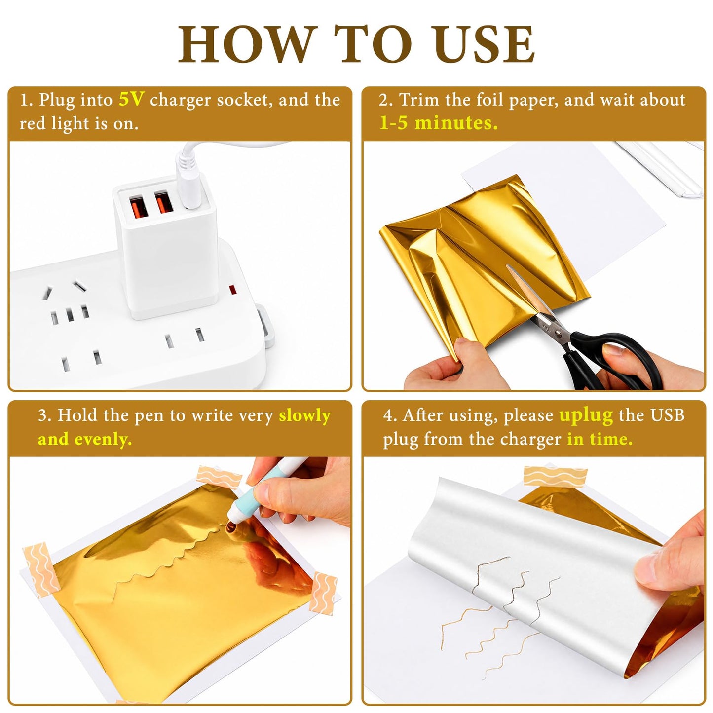 Maitys USB Hot Foil Pen Starter Kit with 3 Tips Gold Silver Copper Foil Rolls & Tape, Fast Heating DIY Foiling Tool for Scrapbooking, Journals, Cards, Planners, Leather Crafts & Gift