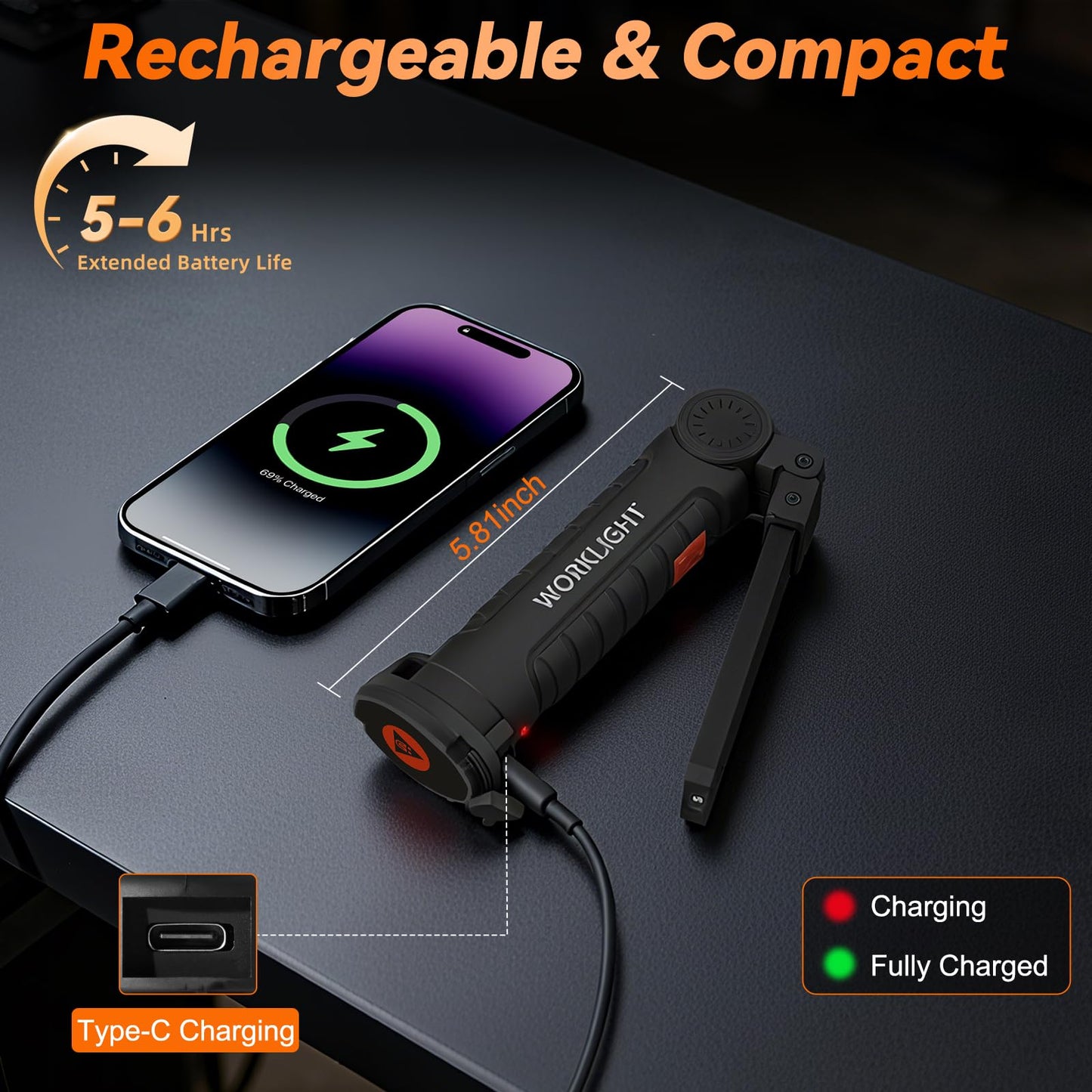 Ruboliy Magnetic Work Light 6Pack, Rechargeable LED Work Light with 360° Rotation, 5 Mode Mechanic Light, Compact Rechargeable Flashlight with Hook for Car Repairing, Emergency, Fathers Day Dad Gifts