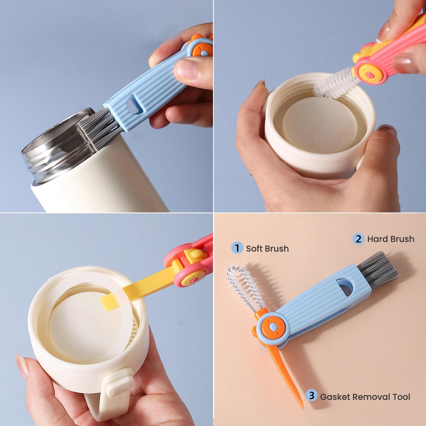 Ariseno 5-in-1 Baby Bottle Cleaner Set, Including Nylon & Silicone Bottle Brush, Cap, Straw & Nipple Brushes, BPA-Free (Grey)