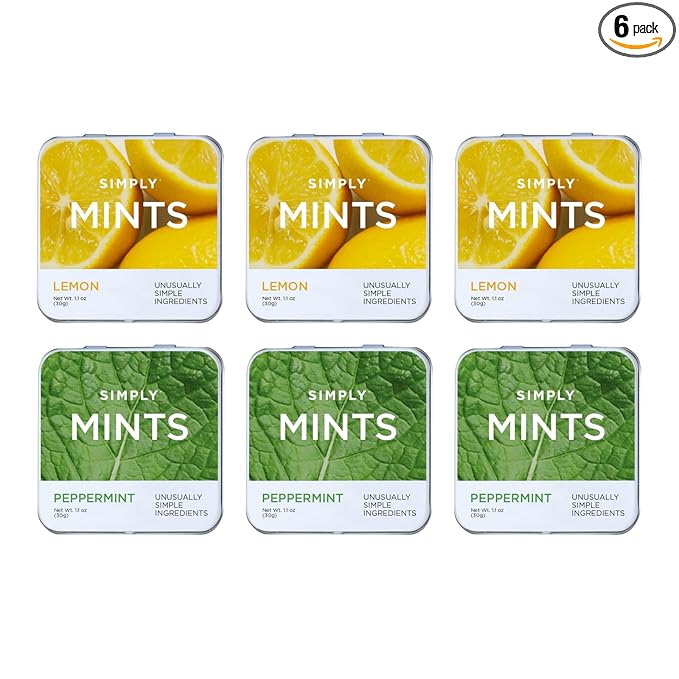 SIMPLY Mints | Peppermint & Lemon Breath Mints Variety Pack | Pack of Six (180 Pieces Total) | Zesty & Refreshing + Aspartame-Free + Vegan + non-GMO