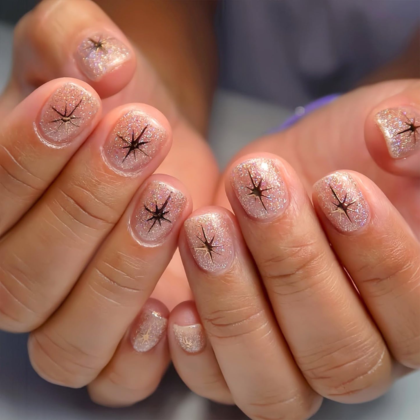 Short Press on Nails Square Glitter Gold Star Fake Nails Press ons Acrylic Nude Full Cover False Nail Cute Artificial Glossy Glue on Nail for Women 24 Pcs