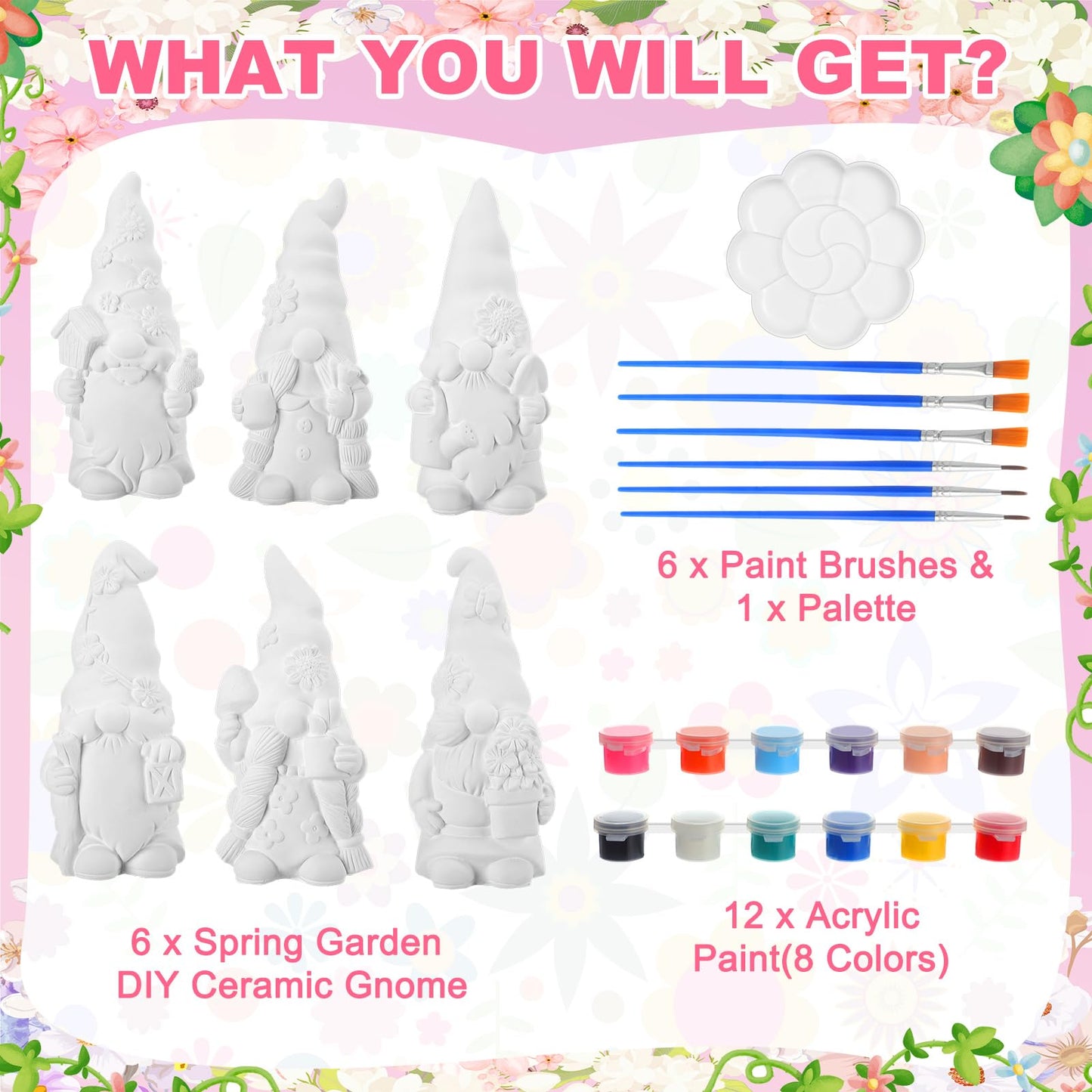 Arrowbash 6 Pcs Garden Ceramics to Paint Ready to Paint Your Own Gnome Statues 5.12 Wildflowers Theme Paintable Figurines DIY Unpainted Ceramics Plaster Crafts Kit with Brush Palette