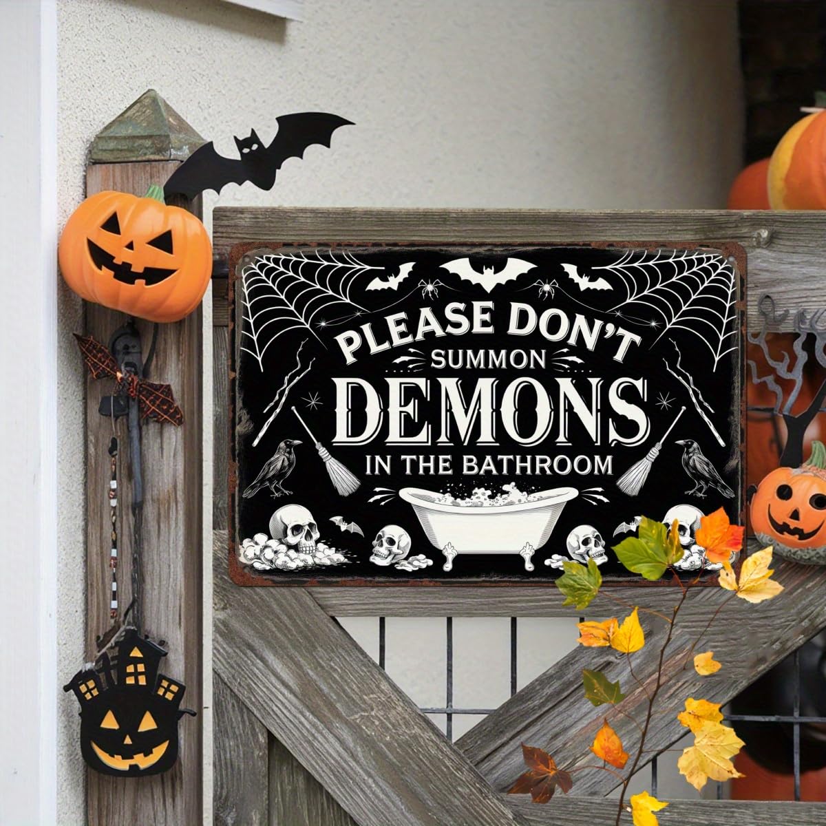 Please Don't Summon Demons in the Bathroom Halloween Retro Metal Tin Sign Wall Art Decor for Bathroom Home Halloween Party Indoor Wall Decor 8x12 Inch