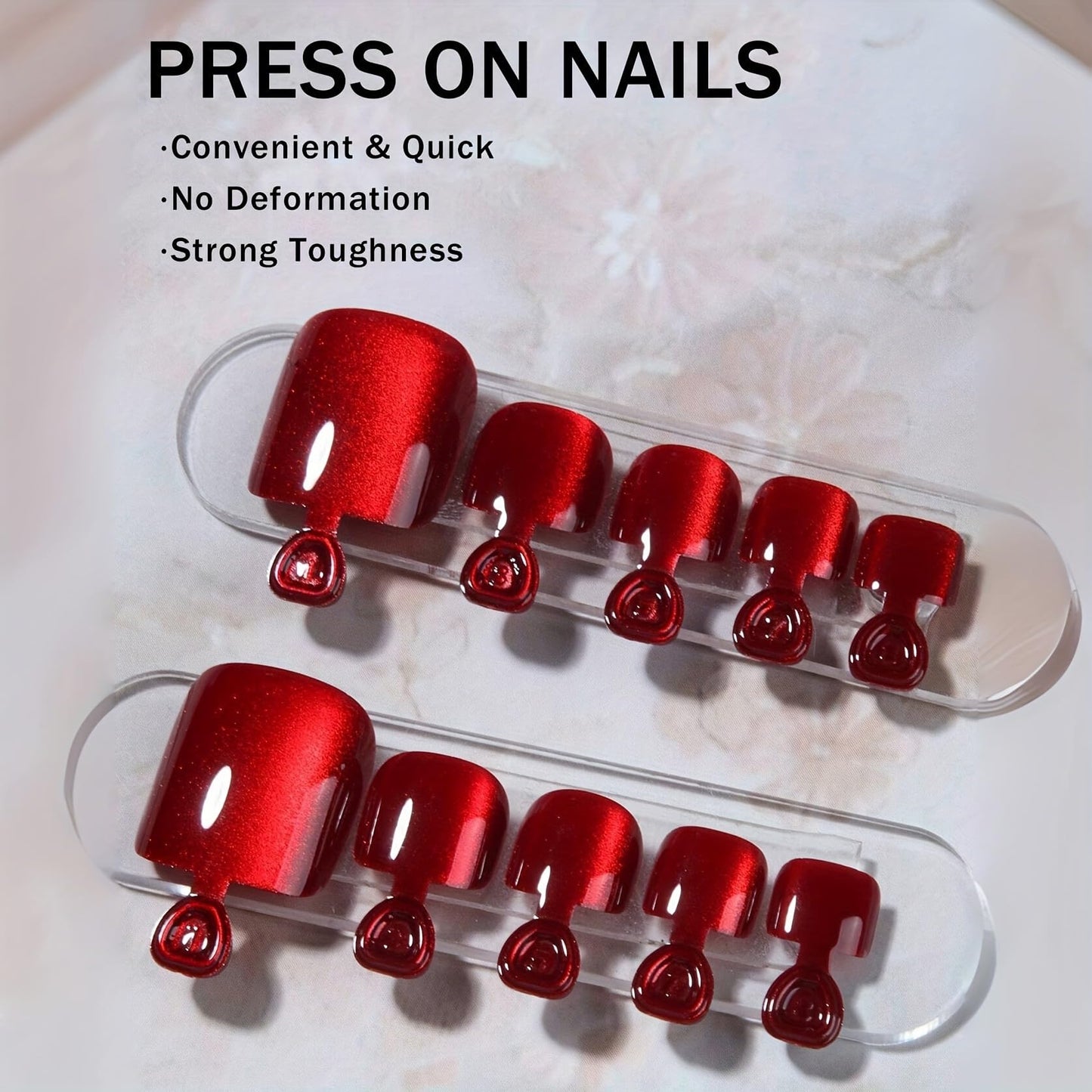 KQueenest Cat Eye Dark Red Press on Nails Medium Almond & Press on Toes Short Square For Beach Holiday Daily Decoration in 54 Pcs