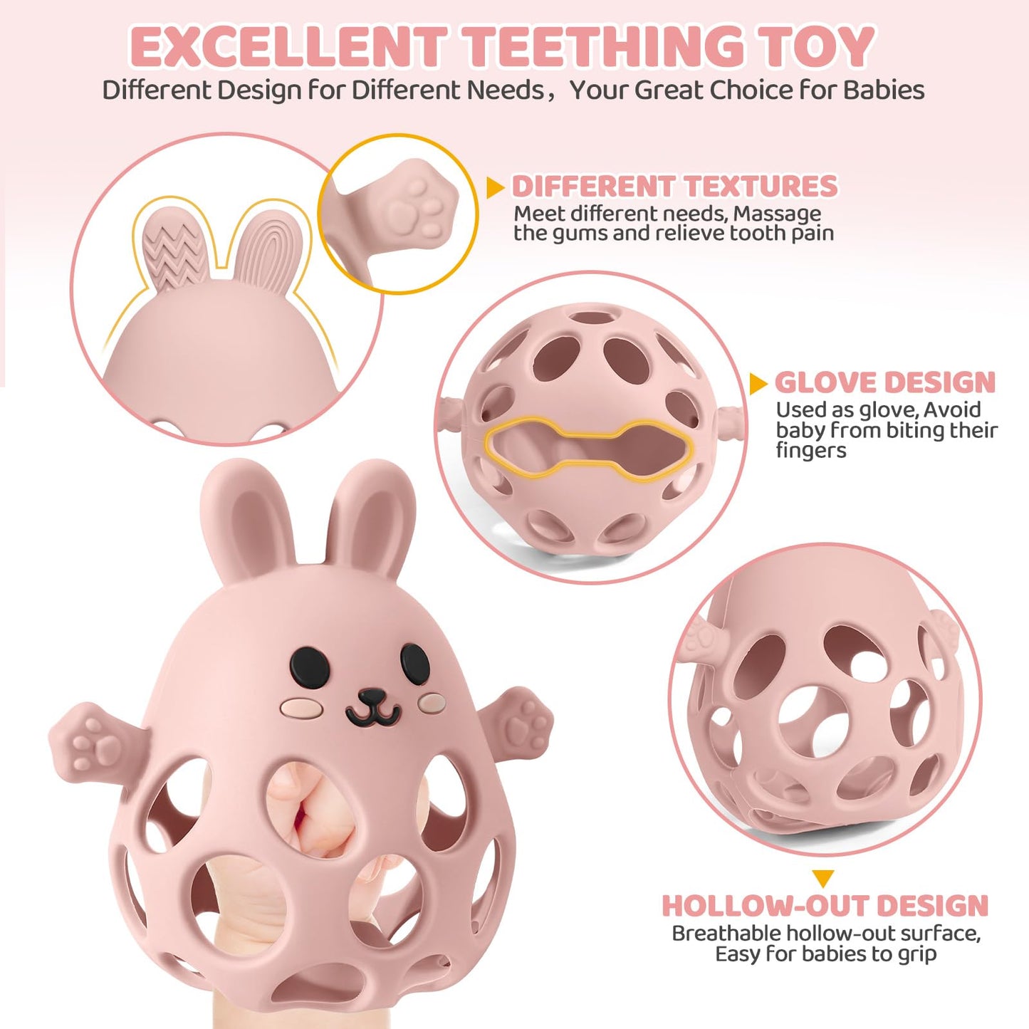 Orzbow Bunny Teether for Baby, Easter Teether with 2 in 1 Rattle & Teething, Easy Grasp Teething Mittens for Babies 3-12 Months, Food Grade Silicone, Newborn Infant Easter Basket Stuffers Gifts, Pink