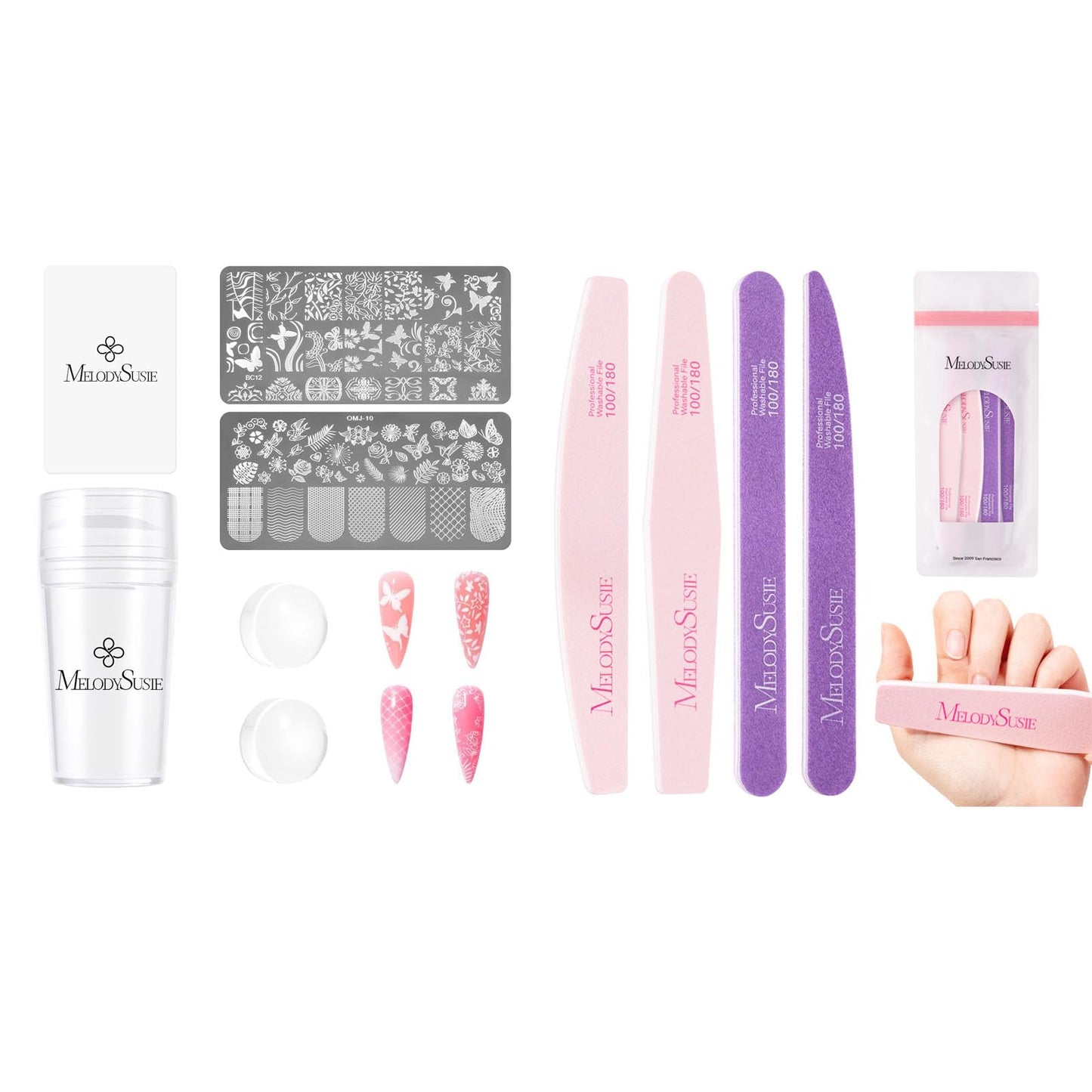 MelodySusie Nail Stamper Kit and 4Pcs Double Sided 100/180 Grit Nail Files