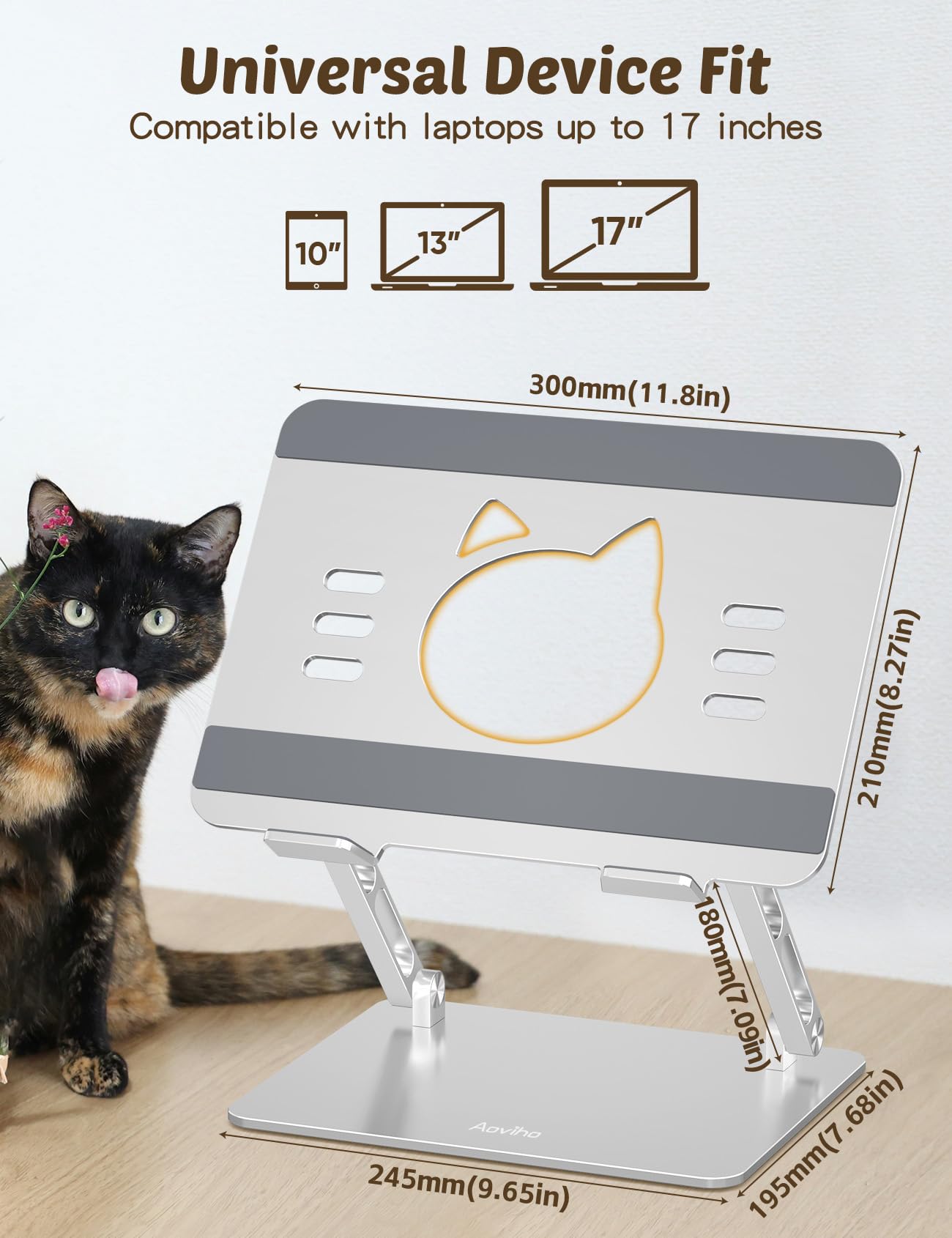 Aoviho Laptop Stand for Desk – Adjustable Aluminum Laptop Riser with Unique Cat-Shaped Cooling Vent, Portable Desk Gift & Decor, Compatible with MacBook Air Pro, Dell, HP, Lenovo (10"-17.3"), Silver