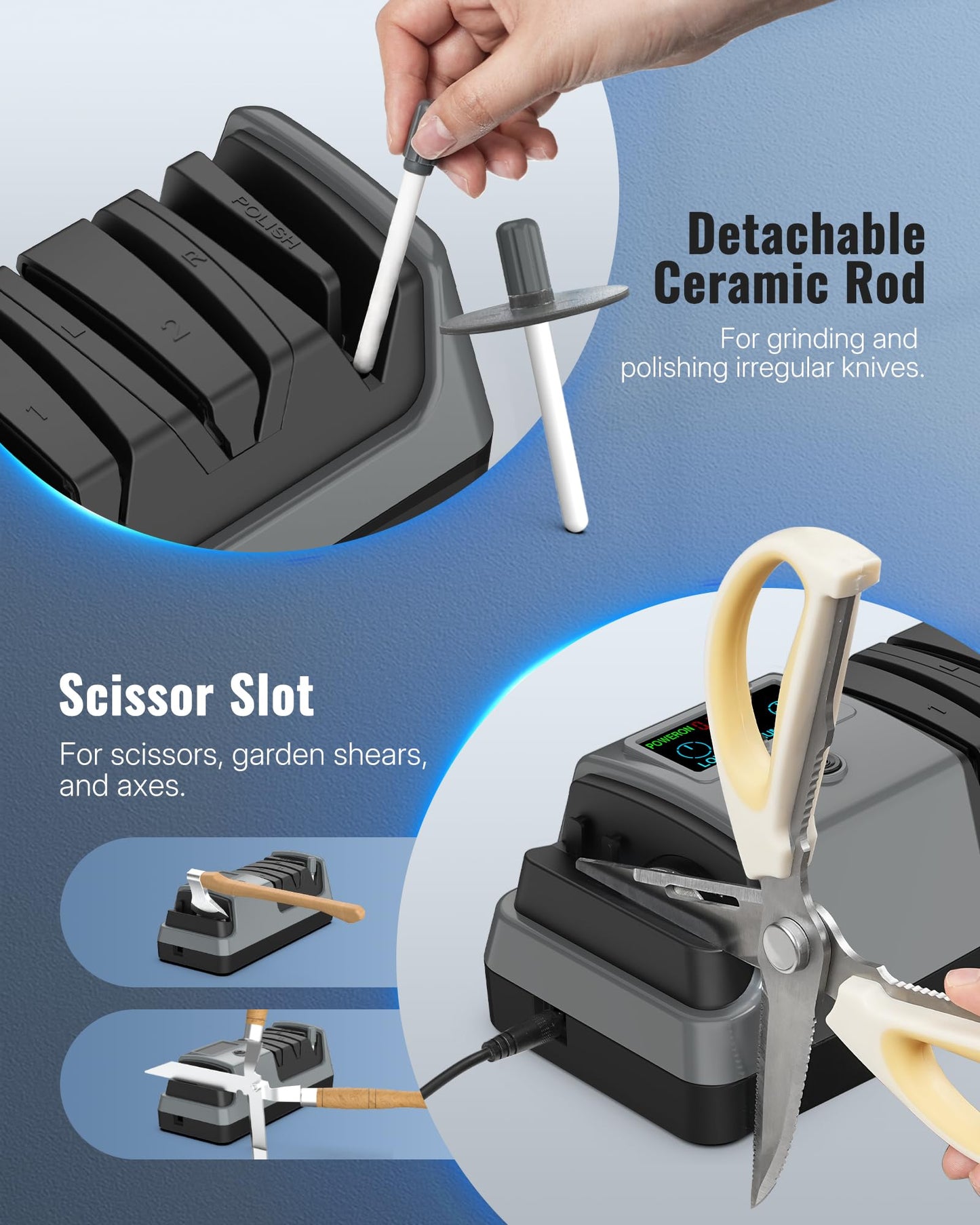 WILAWELS Electric Knife Sharpener, 5-in-1, 3 Rotational Speed Adjustable Electric Knife Sharpener for Straight/Serrated/Ceramic Knives, Scissors, Chef Knives, Axes, Grey H01KS06