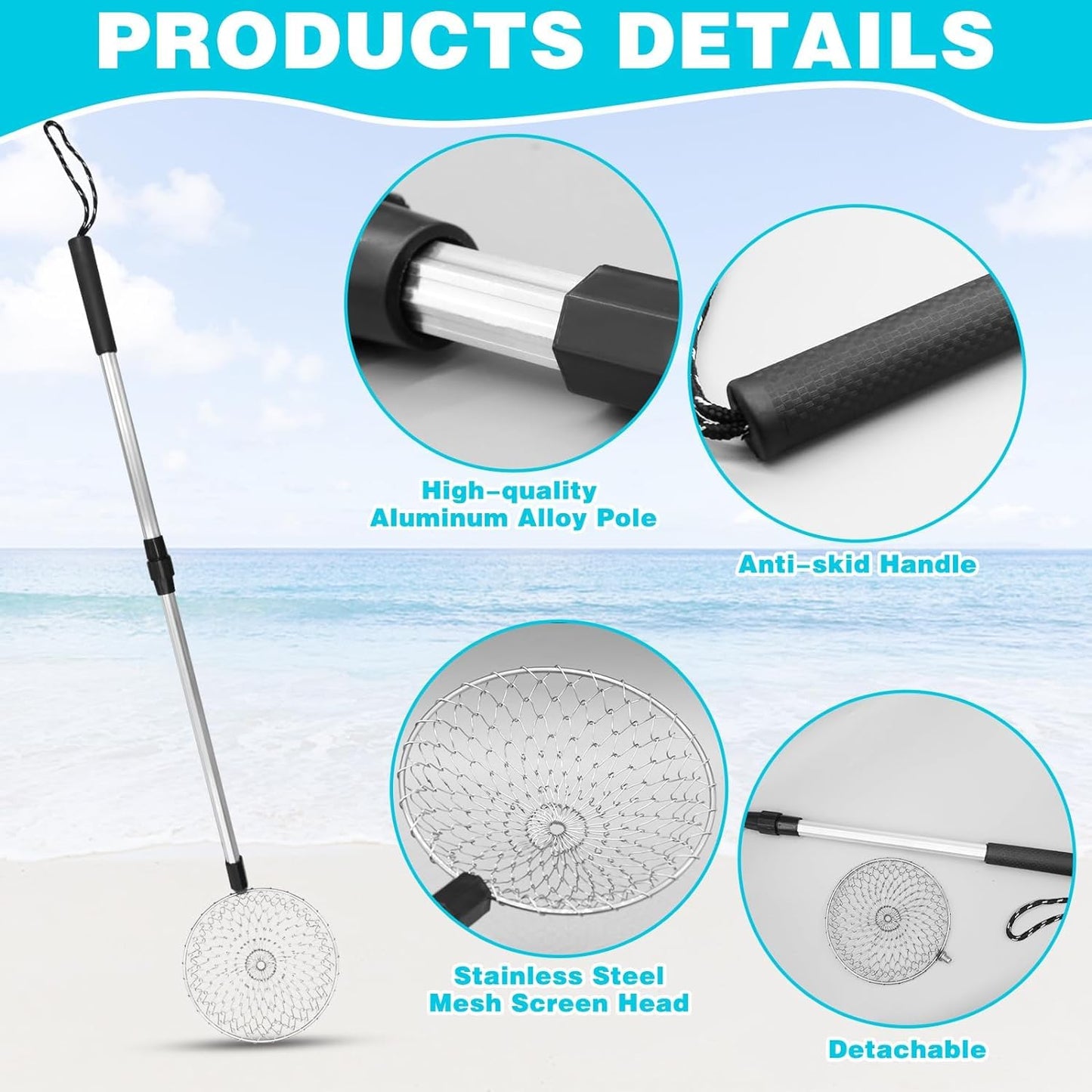 Hokoad 6Pcs Shelling Tools for Beach Include Beach Mesh Shovel, Sand Sifter with Extra Long Adjustable Handle and Mesh Beach Bag, Collecting Shells Beach Toys or Kids Girls Boys(6Pcs)