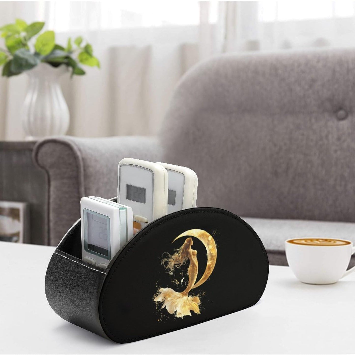 Golden Color Mermaid Moon Remote Control Holder with 5 Compartments Caddy Desktop Organizer for Home Office