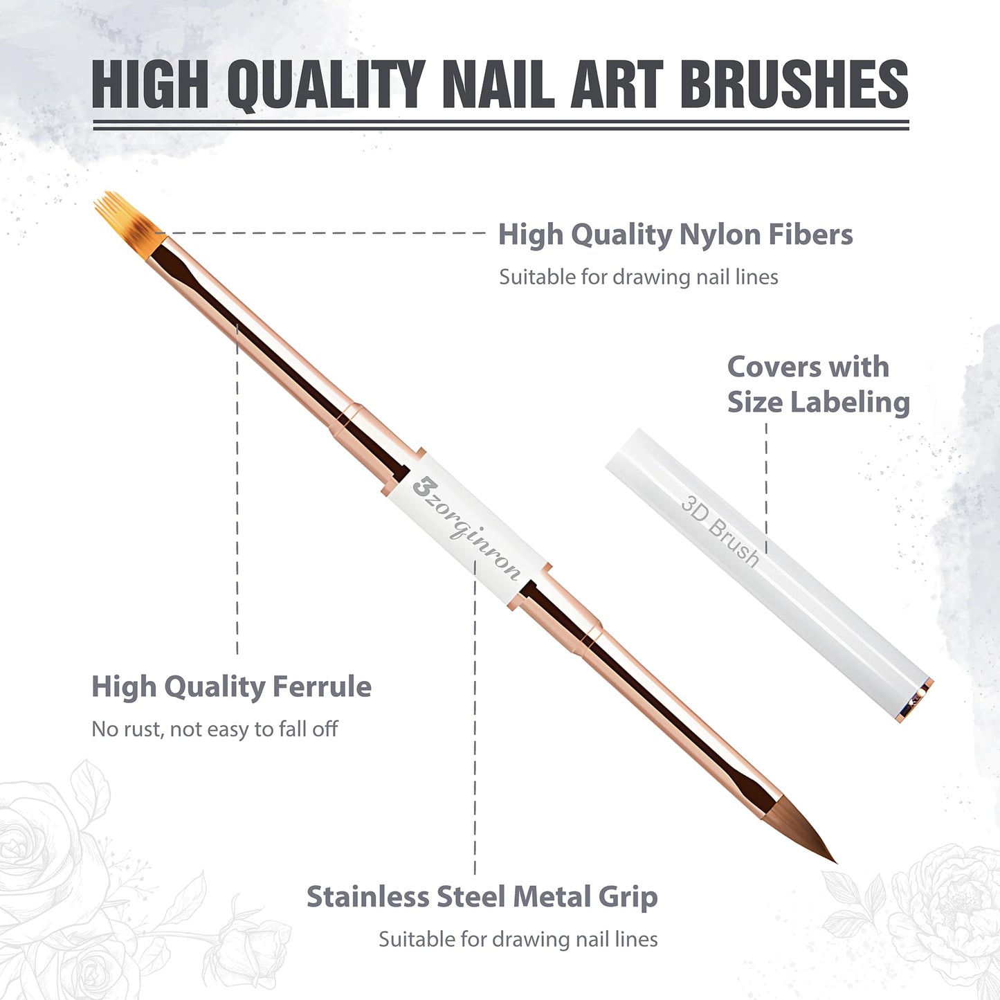 Nail Art Brushes Set, Professional 5Pcs Double-Ended Nail Brush Kit for Details, Long Lines, Ombre & 3D Design-Perfect for DIY Manicures & Salons (White)