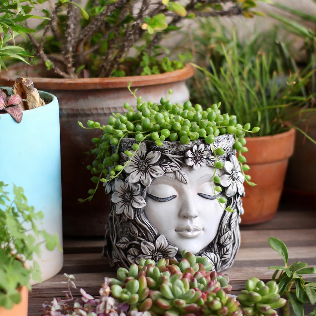 YOYLMAL Floral Face Planter Pot, 5.9” Resin Women's Head Succulent Planter for Indoor Outdoor Plants, Unique Flower Pot with Drainage Hole, Gifts for Women Mom