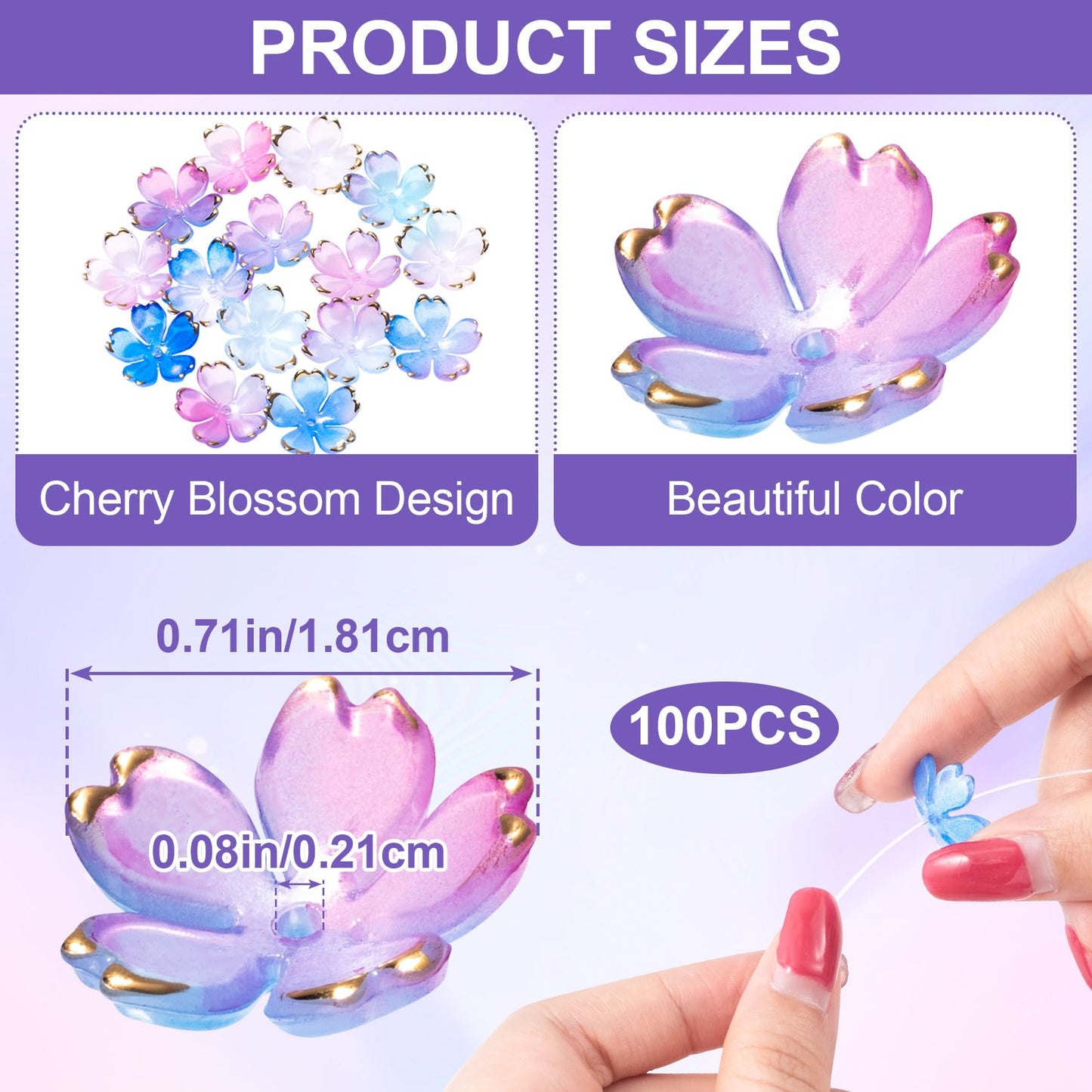 CustomyLife 100Pcs Cherry Blossom Acrylic Flower Beads, Blue Violet Mini Flower Charm Wedding Prom Halloween Christmas Hawaii Decoration for Jewelry Making