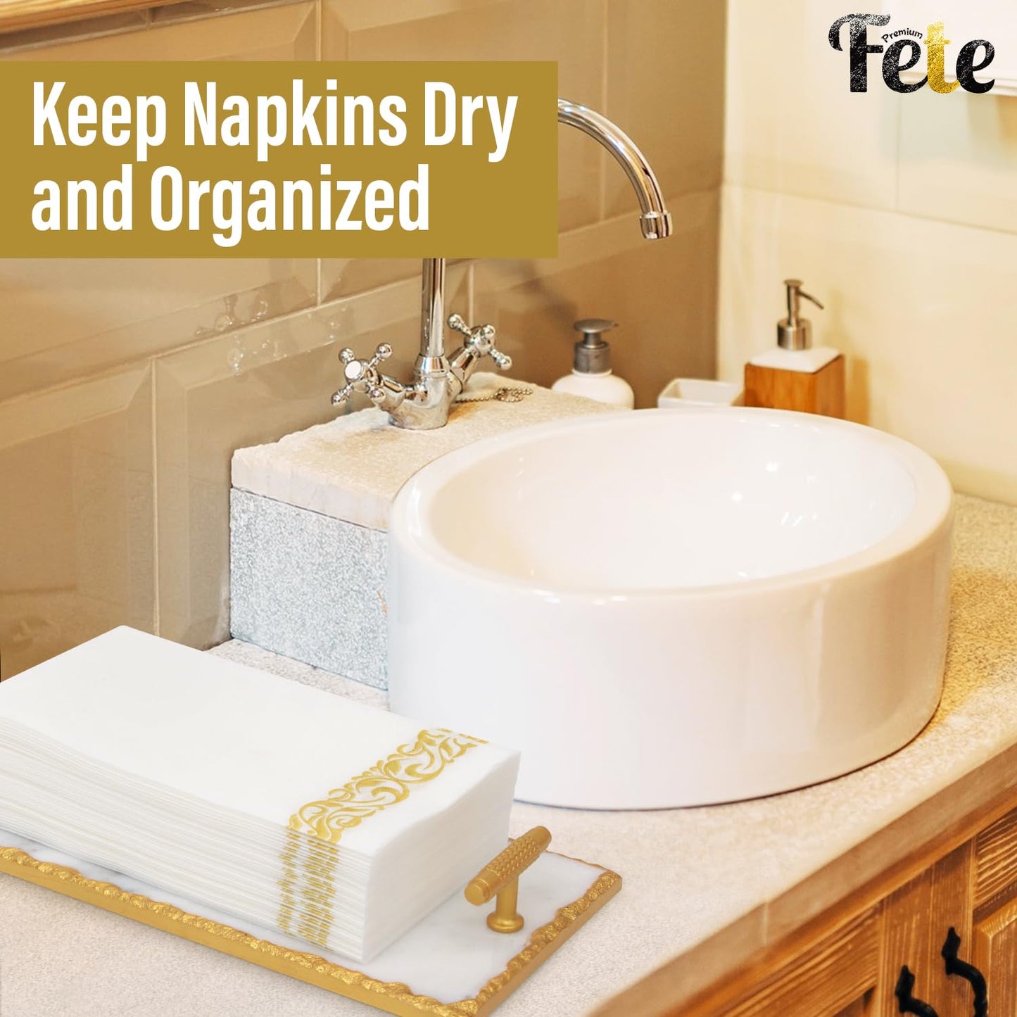 Guest Towel Holder Tray for Bathroom - Premium Marble Tray with Gold Rim - Bathroom Hand Towel Tray, The Perfect Vanity Tray for Bathroom. Ideal Valentines Day Gift.