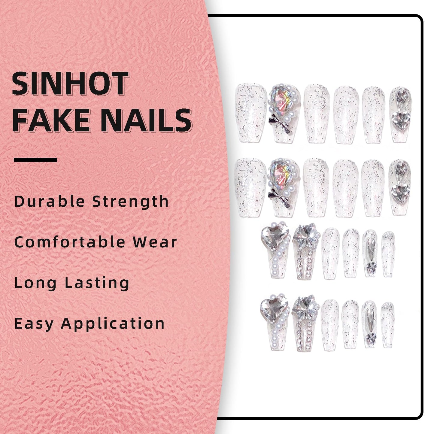 SINHOT Luxury Press on Nails - Long Coffin Fake Nails 3D Handmade Hearts & Pearls Reusable False Nails with Rhinestone Designs,DIY Artificial Nail Art, 24pcs