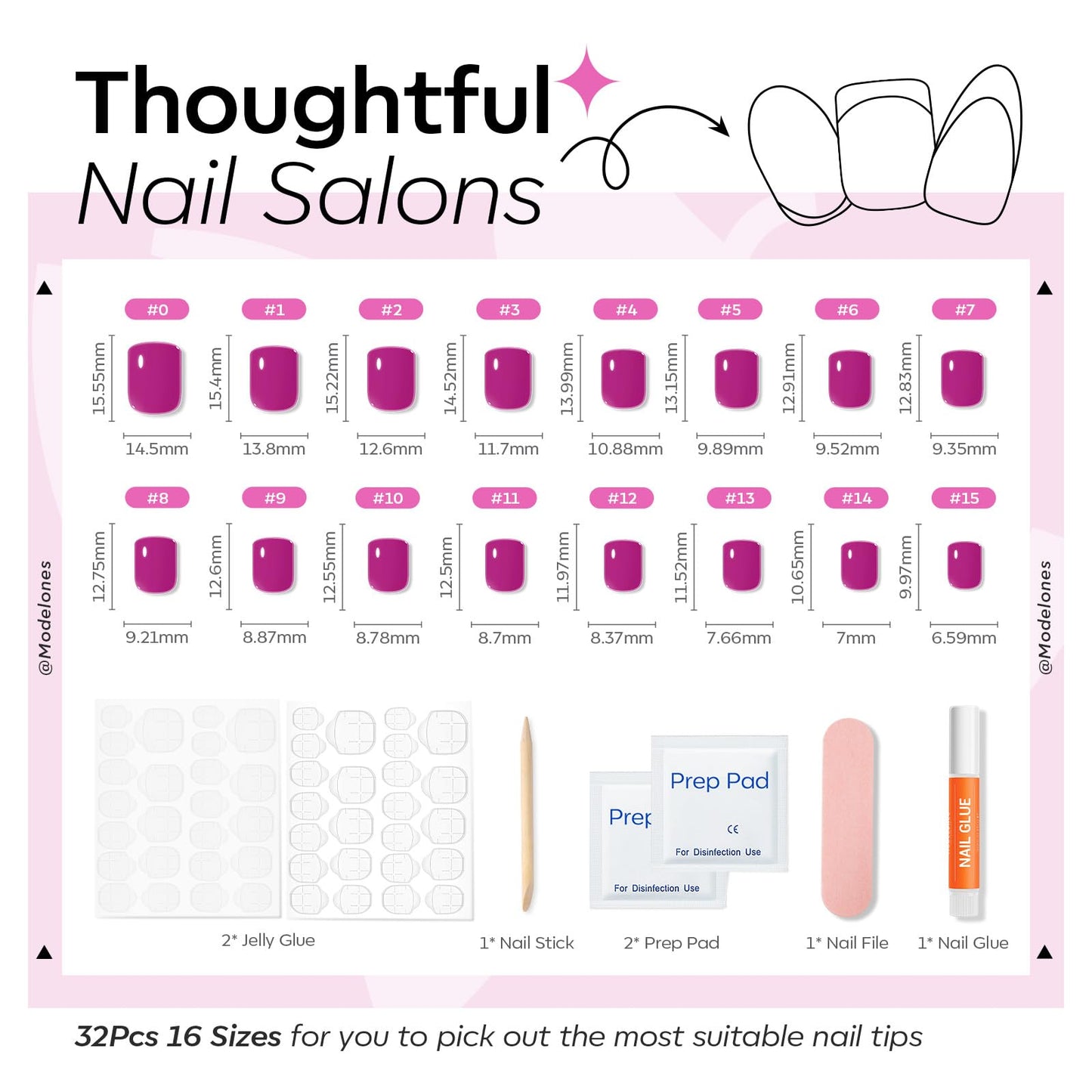 Modelones Extra Short Press on Nails, Plum Squoval Fake Nails, Reusable Nail Kit with Nail Glue Adhesive Tabs Mini Nail File, Nails Press Ons 32Pcs 16 Sizes, Spring Women Girl Gift