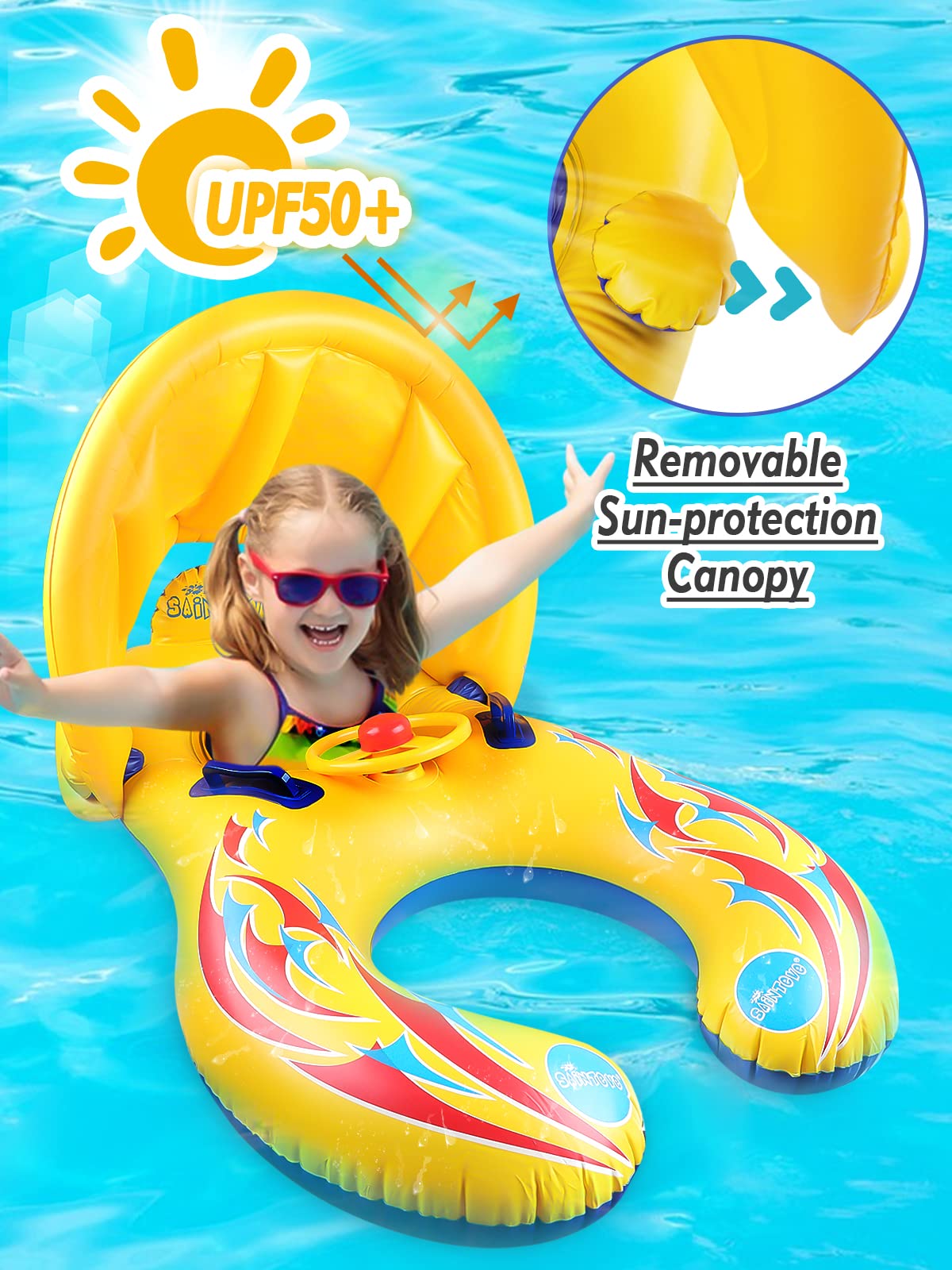 Kalolary Inflatable Mommy & Baby Double Person Float Seat with Removable Sun Canopy for Swim Ring Summer Pool Supplies