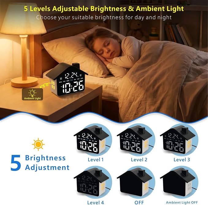 Plumeet Digital Alarm Clock, Bedroom Clock with Large Numbers, Date, Week, Dual Alarms, Dimmer and Ambient Light, House-Shaped Electric Bedside Desk Clock, Adapter Batteries Powered, Black