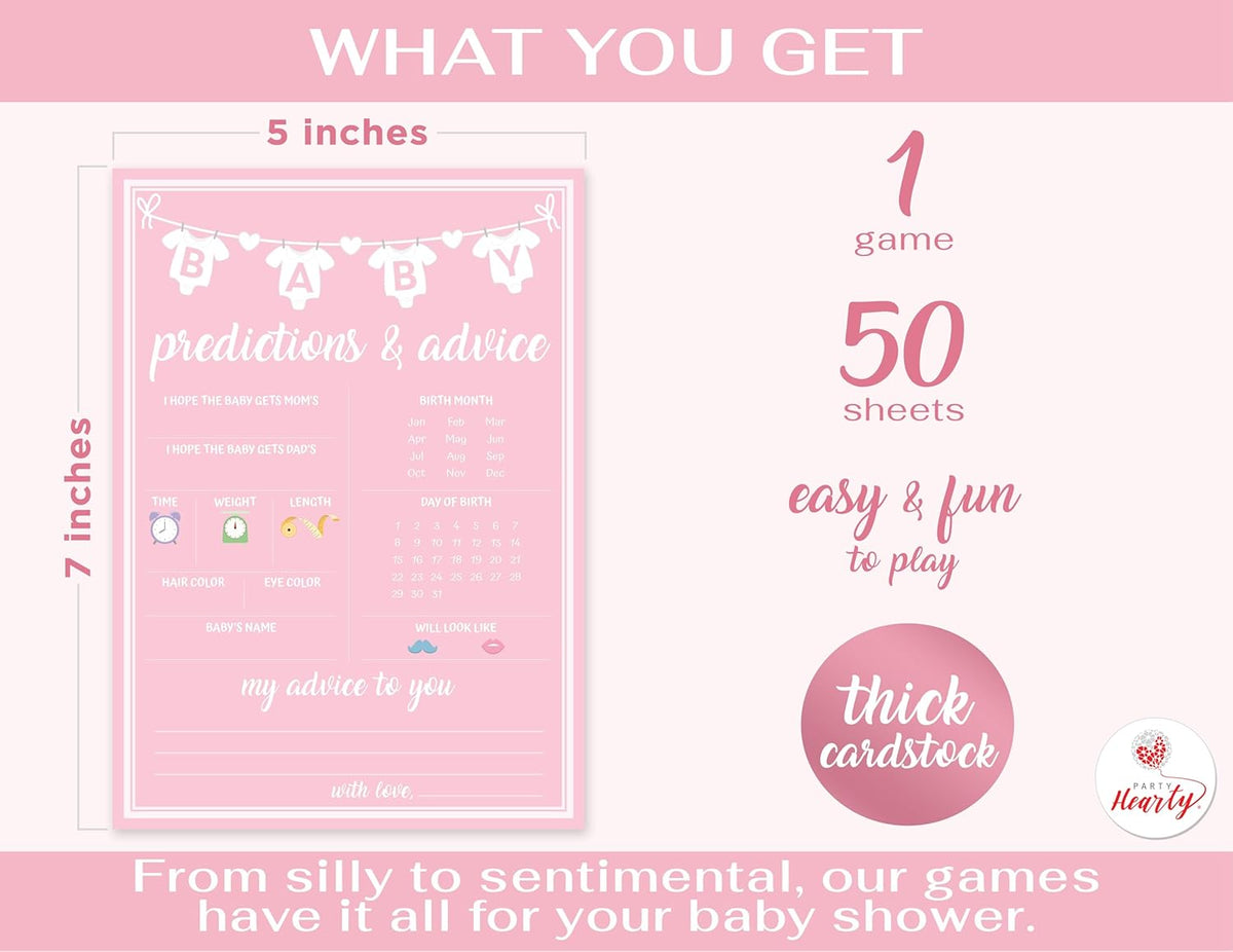 Party Hearty Baby Shower Games for Girl, 50 pcs Pink Prediction & Advice Game, Fun Activity Cards, Baby Shower Ideas