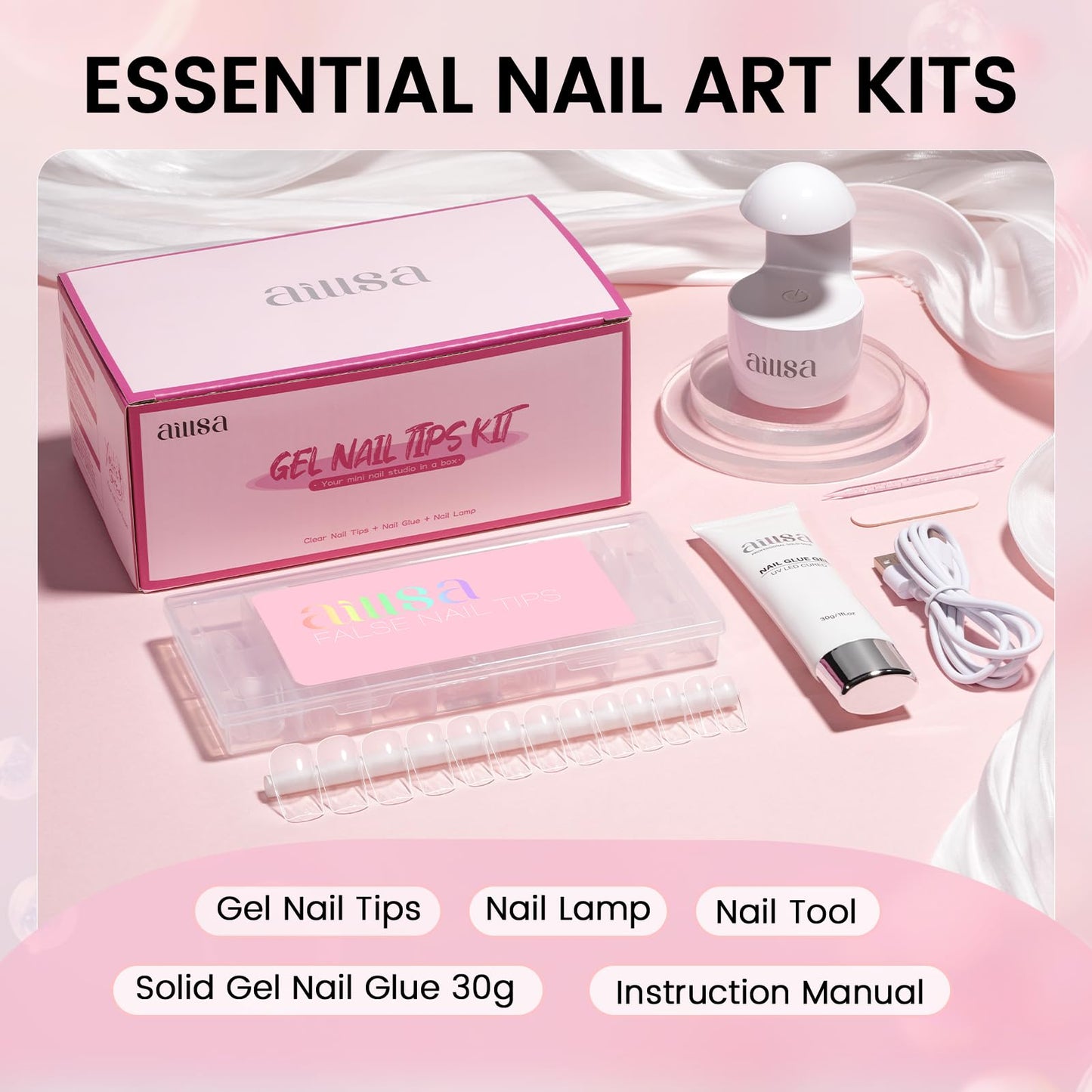 AILLSA Nail Extension Kit Medium Square Nail Tips 120pcs, Professional Glue Gel 30g for Fake Acrylic Nails, Nail Tips with Glue Kit with U V Lamp for Women Starters Home Salon
