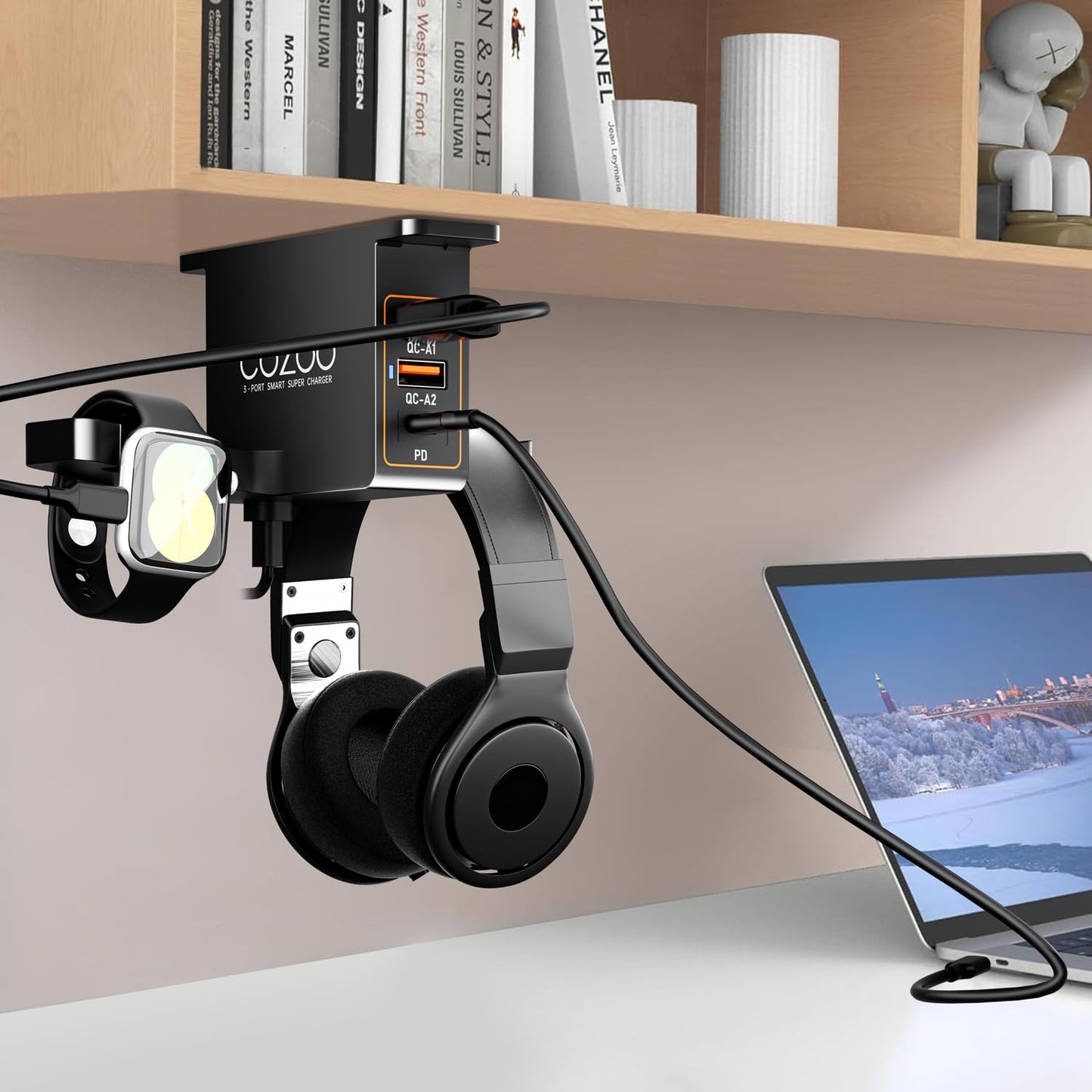 cozoo Headphone Stand with USB Charger Under Desk Headset Holder Mount 3 USB Charging Station,iWatch Stand Watch Dock Dual Earphone Hanger Hook,PC Accessories Gifts,UL Tested