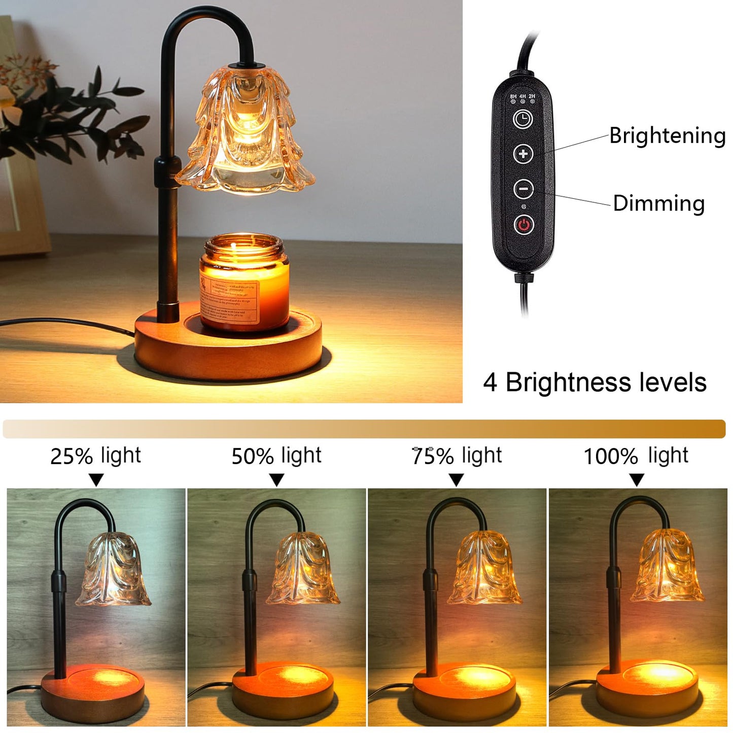 ANFOOS Candle Warmer Lamp with Timer and Dimmer, Flower Glass Shade Adjustable Height Flameless Wax Melt Warmer for Home Office Decor, 4 Brightness Mood Lighting, Includes 2 GU10 Bulbs
