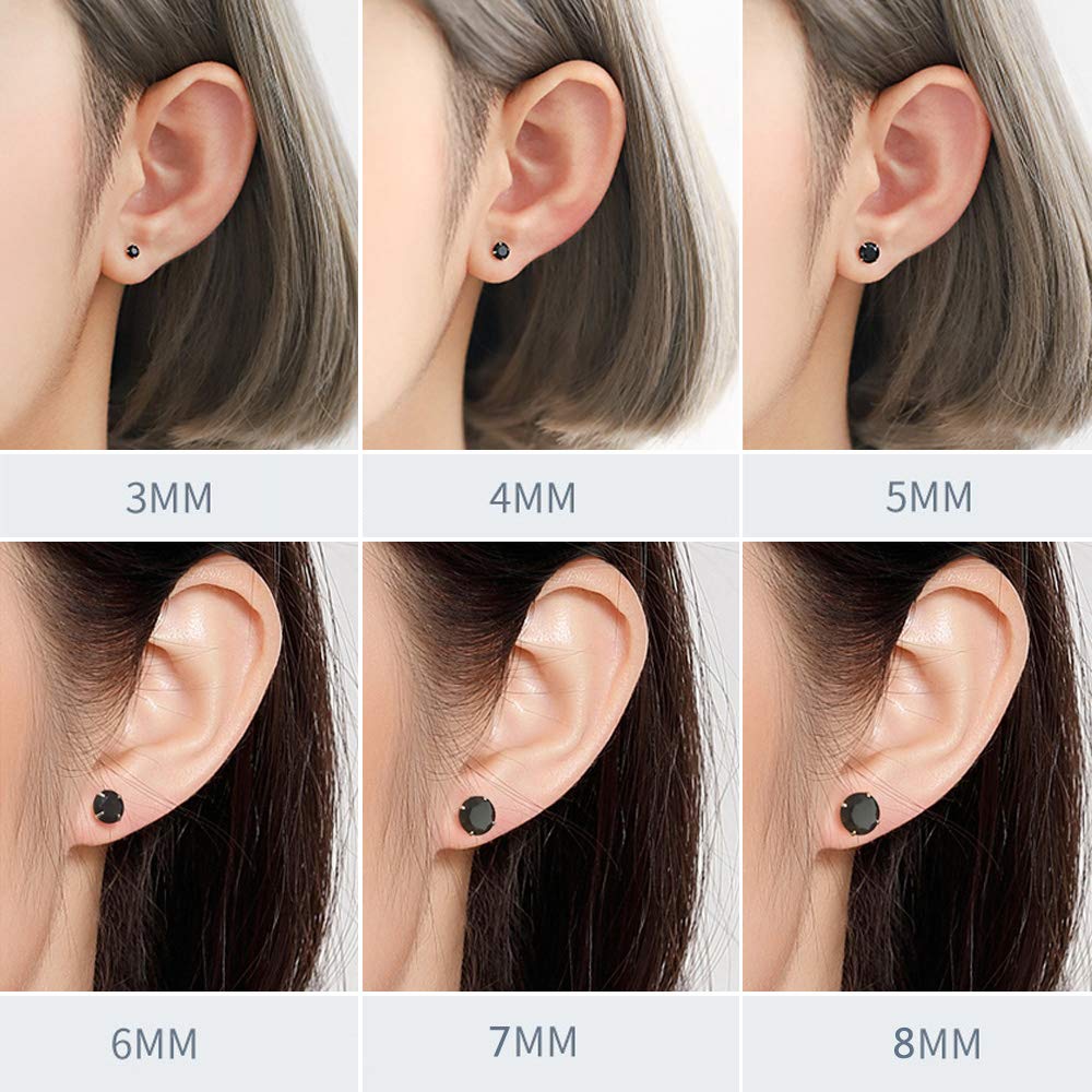 6 Pairs Stud Earrings Set, Hypoallergenic Cubic Zirconia Earrings 316L Stainless Steel CZ Earrings 3-8mm (Black CZ)