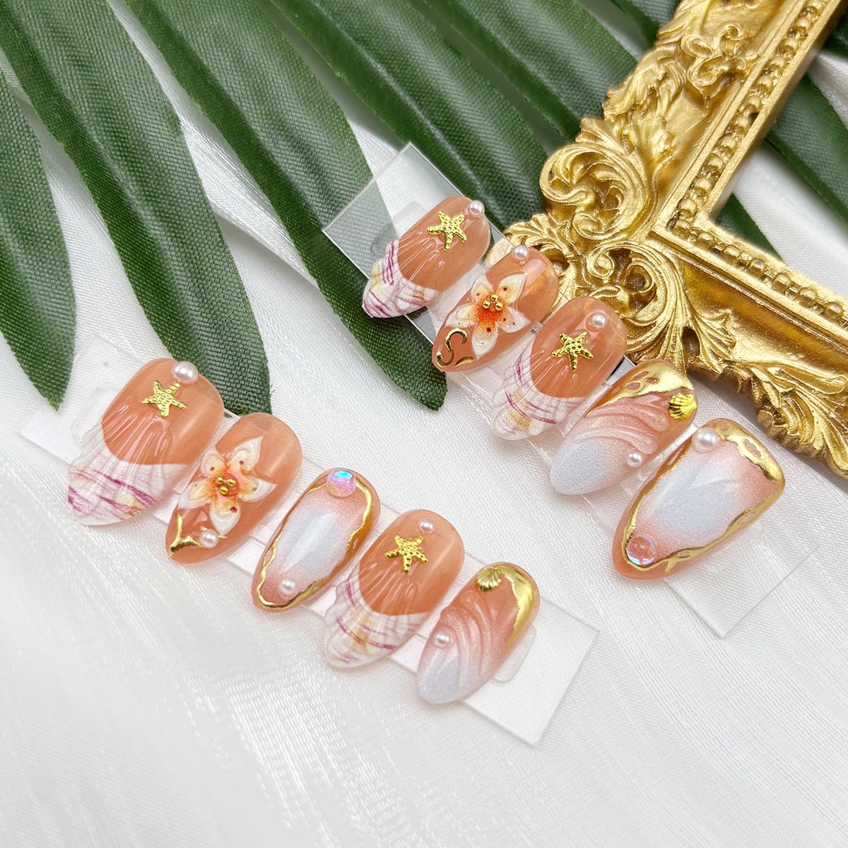 30Pcs Almond Press on Nails Medium Summer Fake Nails with 3D Gold Lines Starfish Shell Rhinestones Design Handmade False Nails Tropical Flower Glue on Nails Cute French Tip Acrylic Nails for Women