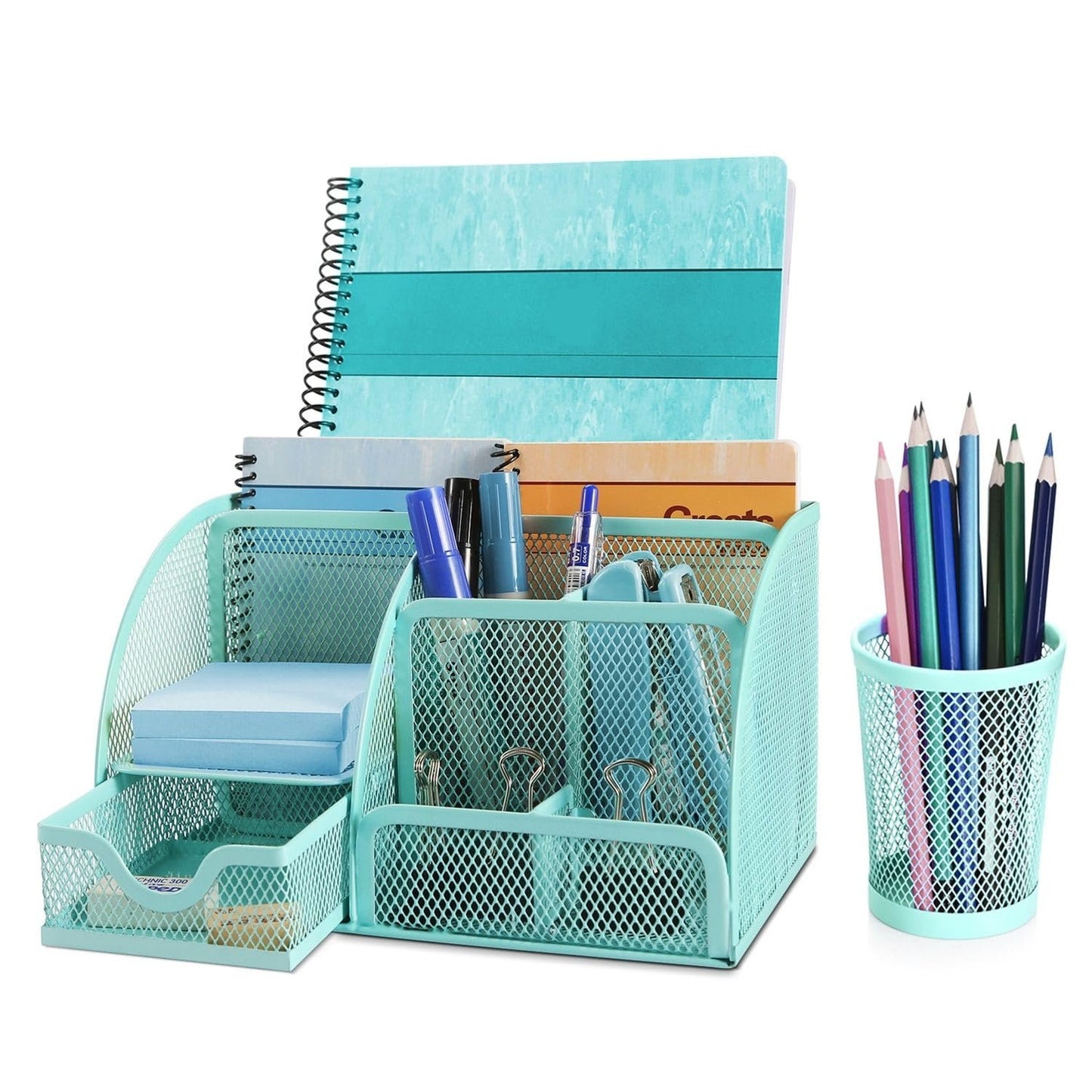 Flexzion Desk Caddy Organizer Set (Green) - Metal Mesh Desktop Caddy with Drawers, 6 Compartments, and Pencil Holder for Women & Men - Desktop Organizer and Storage for Work or Office Supplies