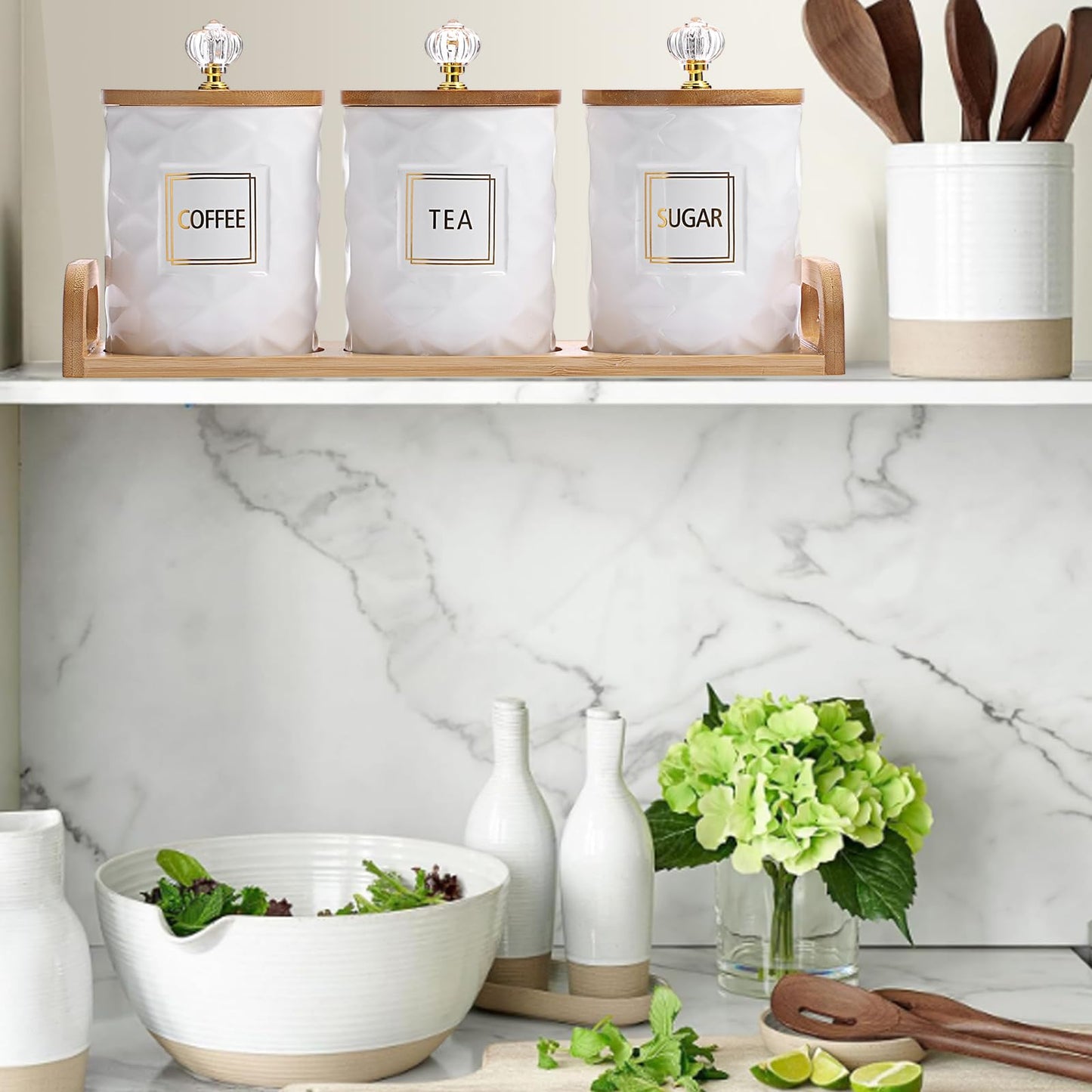 JUXYES Set of 3 Ceramic Canisters Set for Sugar Coffee Tea With Handle Tray, Luxurious Storage Containers Sets with Lids Decorative Storage Pots White Ceramic Storage Jar for Kitchen Dining Counter