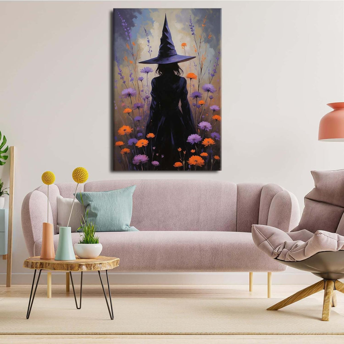 Country wildflower witch canvas print halloween mashup art witch purple decoration bohemian elegant art poster20x30in Wood Framed