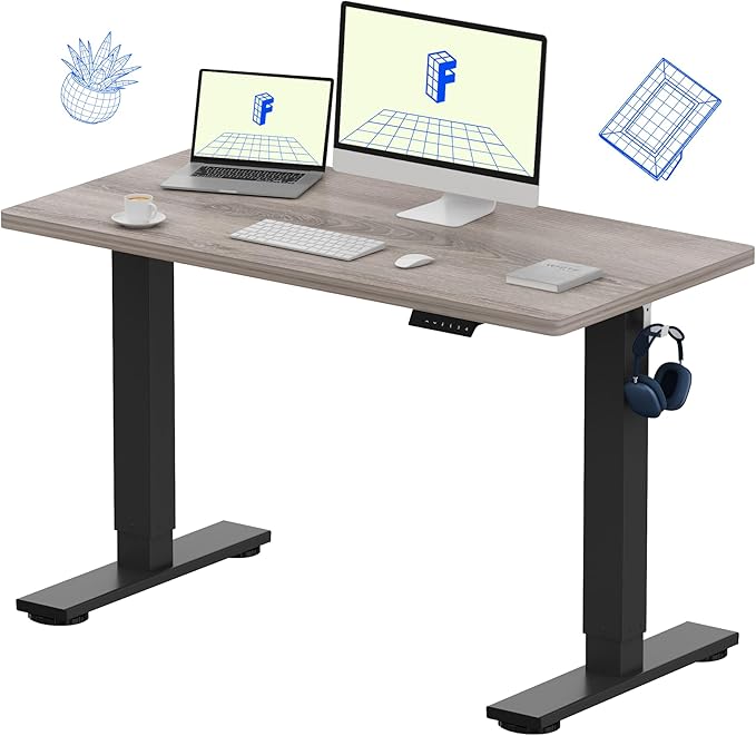 FLEXISPOT EN1 Whole-Piece Standing Desk 48 x 24 Inches Height Adjustable Electric Desk Sit Stand Desk Home Office Desks (Black Frame + Gray Wood Grain Top, 2 Packages)