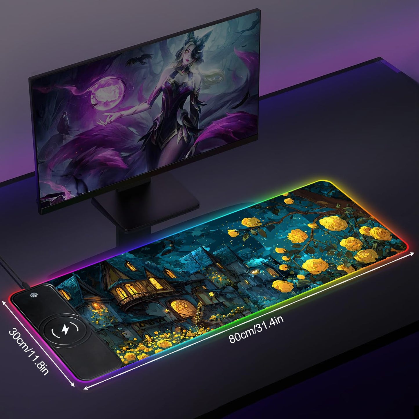 Wireless Charging RGB Gaming Mouse Pad, 31.5 x 11.8 Inch Extended Mouse Mat with Fantasy Castle & Rose Design, LED Desk Pad with 7 Lighting Modes, Non-Slip Base for Gaming & Office