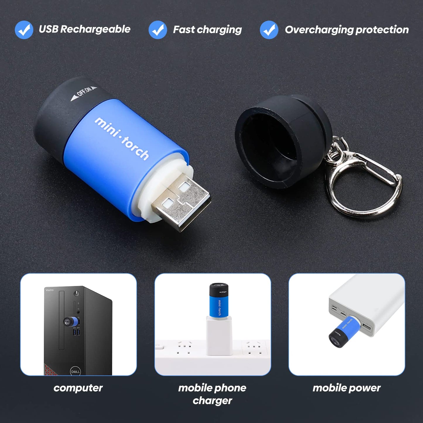 Tileon Mini Keychain Light,USB Rechargeable Keychain Flashlights 3 Pack Waterproof Small Flashlights for Emergency LED Tiny Flashlight Colorful Gift for Kids Students Family