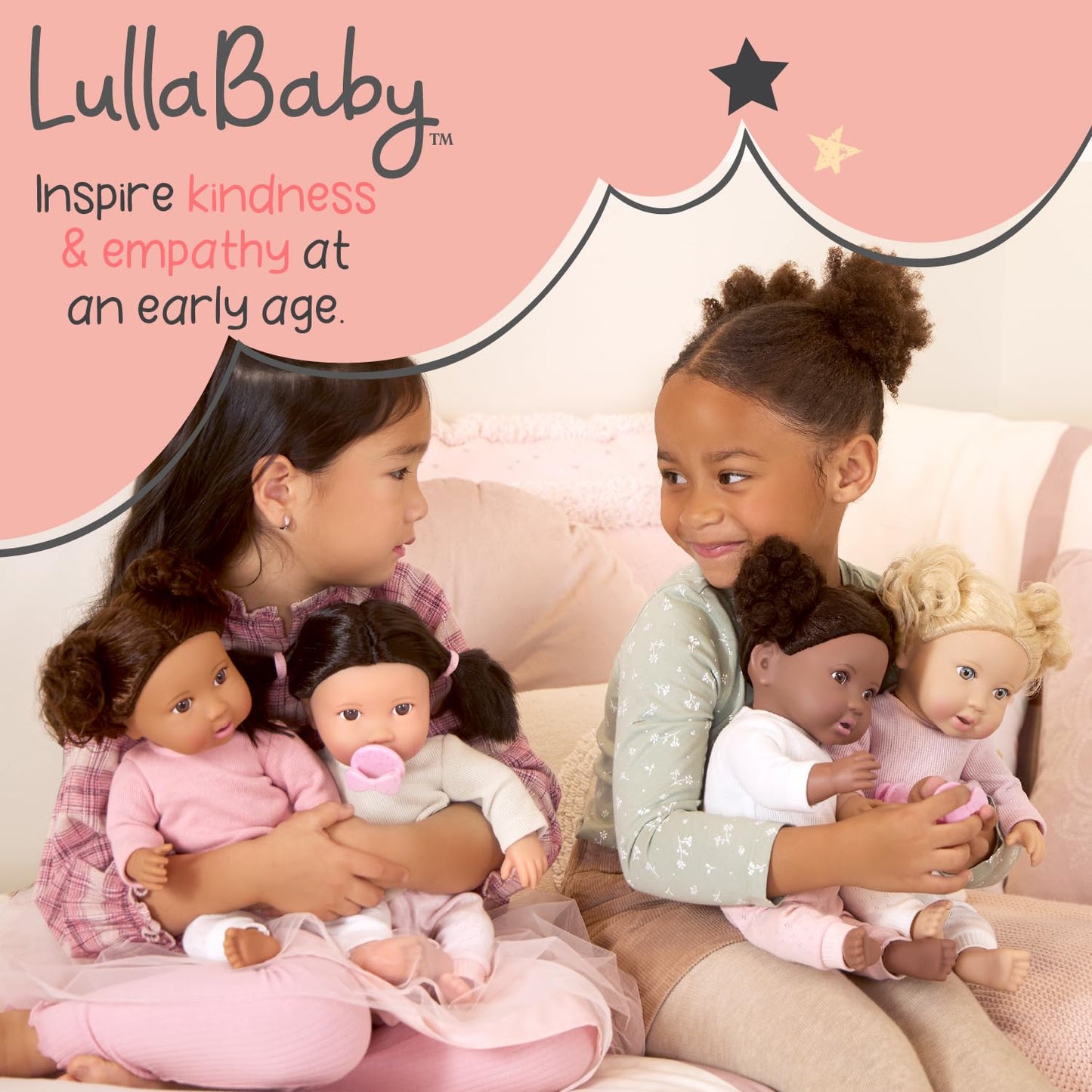 LullaBaby – 3 Pieces Set of Soft Plush Dolls for Real Water Play – Carrying Basket with Cute Star Cutouts – Pretend Play – Tub Toys for Kids 2+ Years– Bath Yoy Bundle