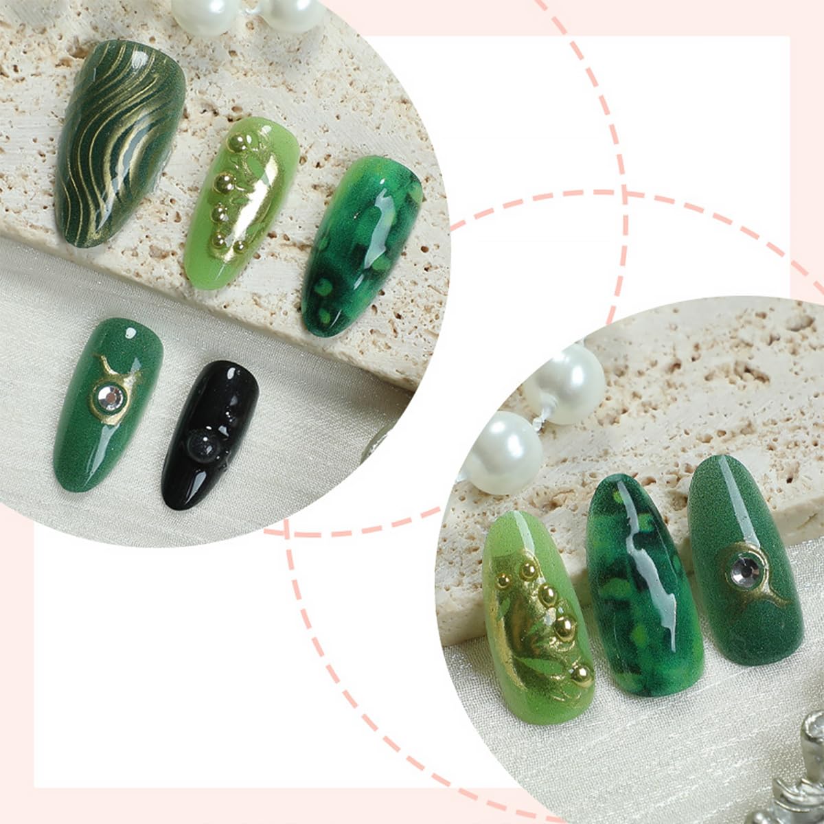 30Pcs Dark Green Press on Nails Medium Almond Fake Nails Gilding Butterfly Star False Nails with Gold Glitter Rhinestones Design Full Cover Artificial Glue on Nails 3D Ripple Stick on Nails for Women