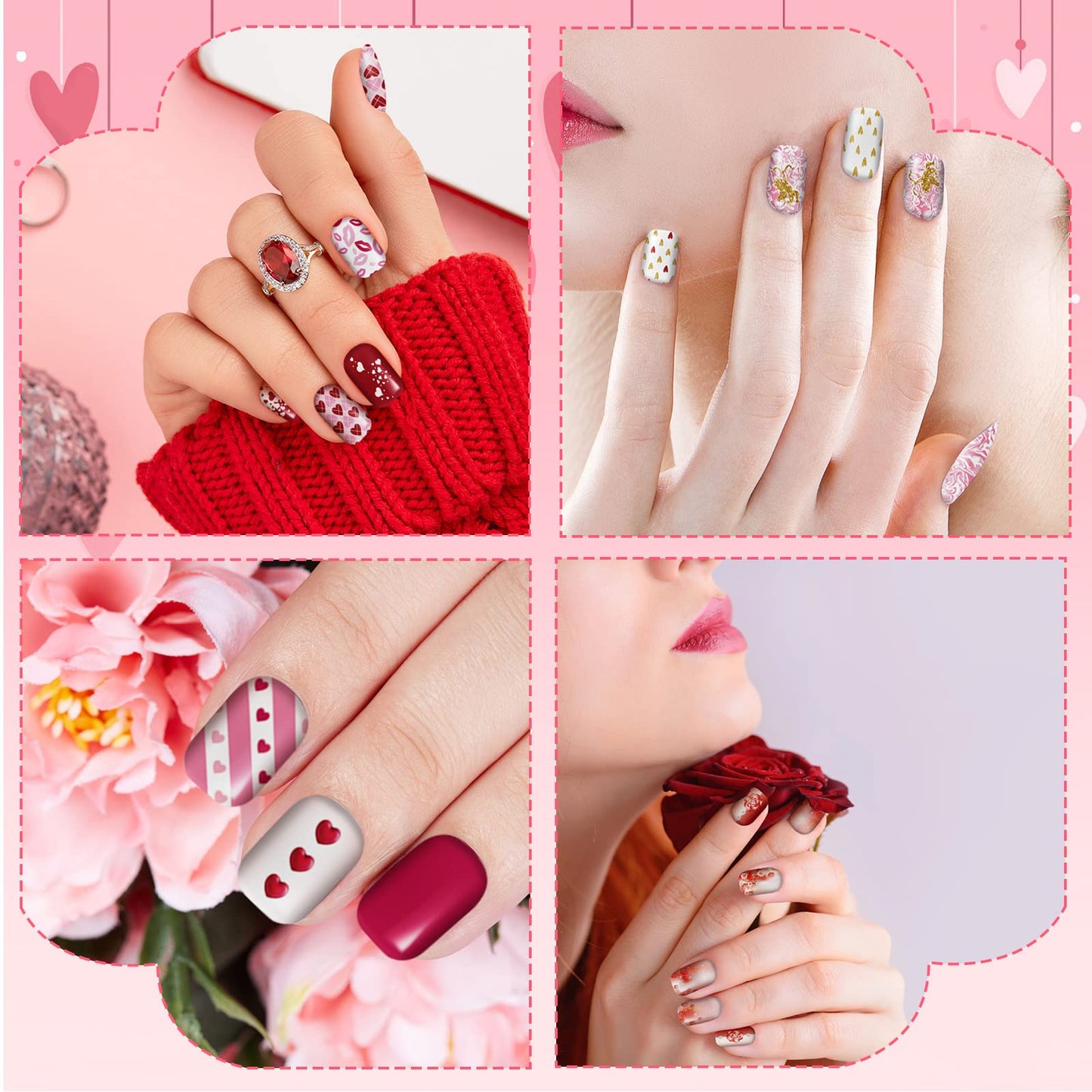 384 Pcs 16 Pack Valentine‘s Day Press on Nails Short Fake Nails Square False Nails Artificial Nail Full Cover Coffin with Rose Pink White Pattern for Women Girls (Romantic Pattern)