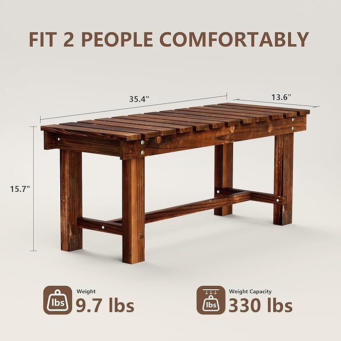35.5" Outdoor Garden Bench, Weatherproof Patio Benches 2-Person Seat Backless Wooden Porch Bench, Multifunctional Slat All Weather Bench for Garden Lawn Porch Park Backyard (Carbonized Brown)