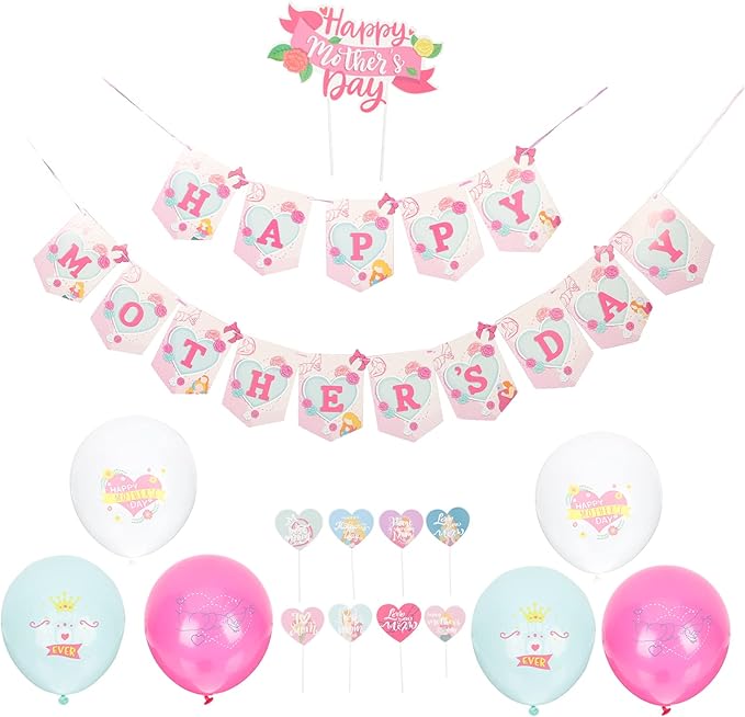 LOGOFUN Mothers Day Party Decorations Kit with Balloons Banners Cake Toppers for Festive Scene Setup and Celebration Supplies