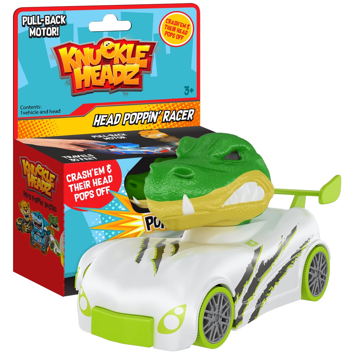 Knuckle Headz Pop-Up Racer Car Toy, Friction-Powered Pull Back Race Car, Head Popping Fun Gift for Kids, Boys, Girls, Ages 3+, Dinosaur