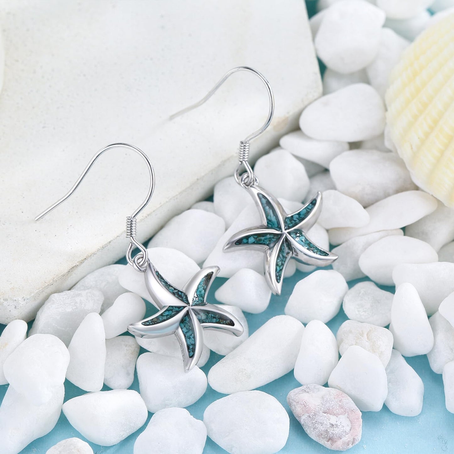 Starfish Earrings 925 Sterling Silver Turquoise Starfish Dangle Drop Earrings Summer Beach Themed Jewelry Ocean Gifts for Women