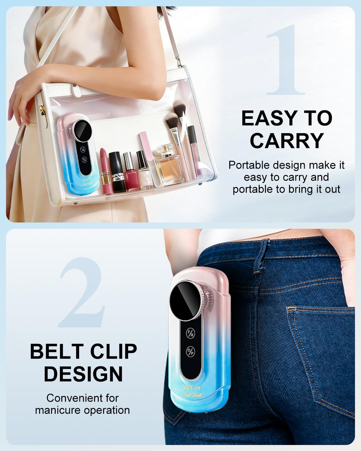 Moskany Professional Electric Nail Drill Kit 45000RPM Gradient Blue Cordless Rechargeable Nail File Machine with Nail Lamp Portable Efile Nails Drill for Acrylic Gel Nails