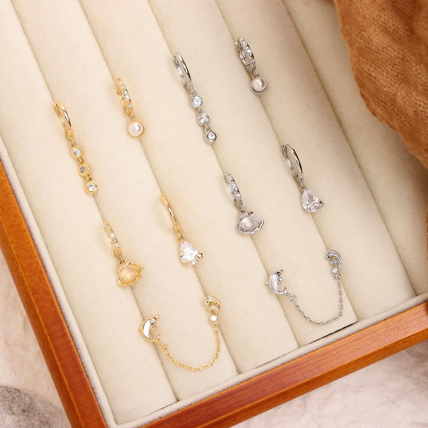 Frigotine 3PCS Gold Pearl Hoop Stud Earrings Stack Set for Women, Dainty Rhinestone Teardrop Chain Dolphin Shell Multiple Piercing Cartilage Summer Beach Jewelry Gift