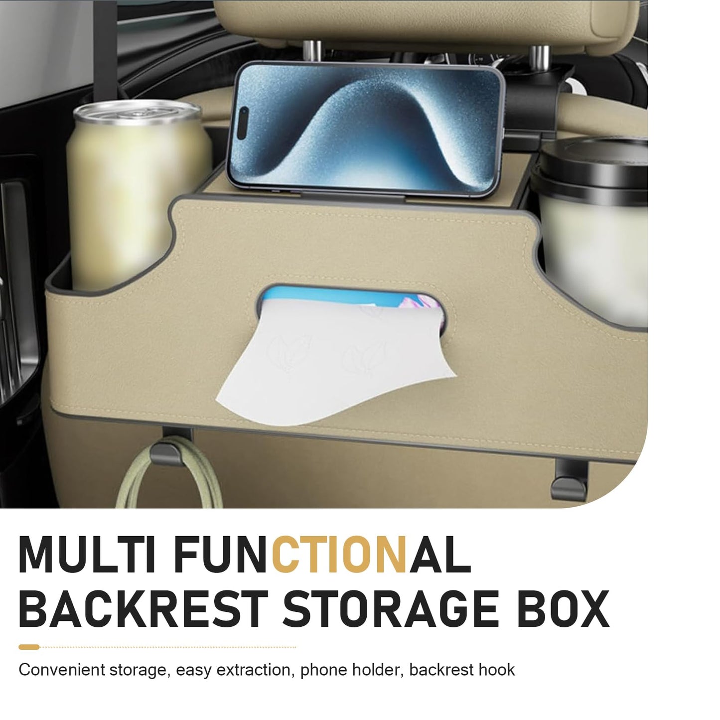 Qurbuns Car Back Seat Organizer, Multifunctional Car Back Seat Storage Box with 2 Cup Holders, Tissue Box & Hooks, Universal Waterproof Leather Car Interior Organizer (Beige)