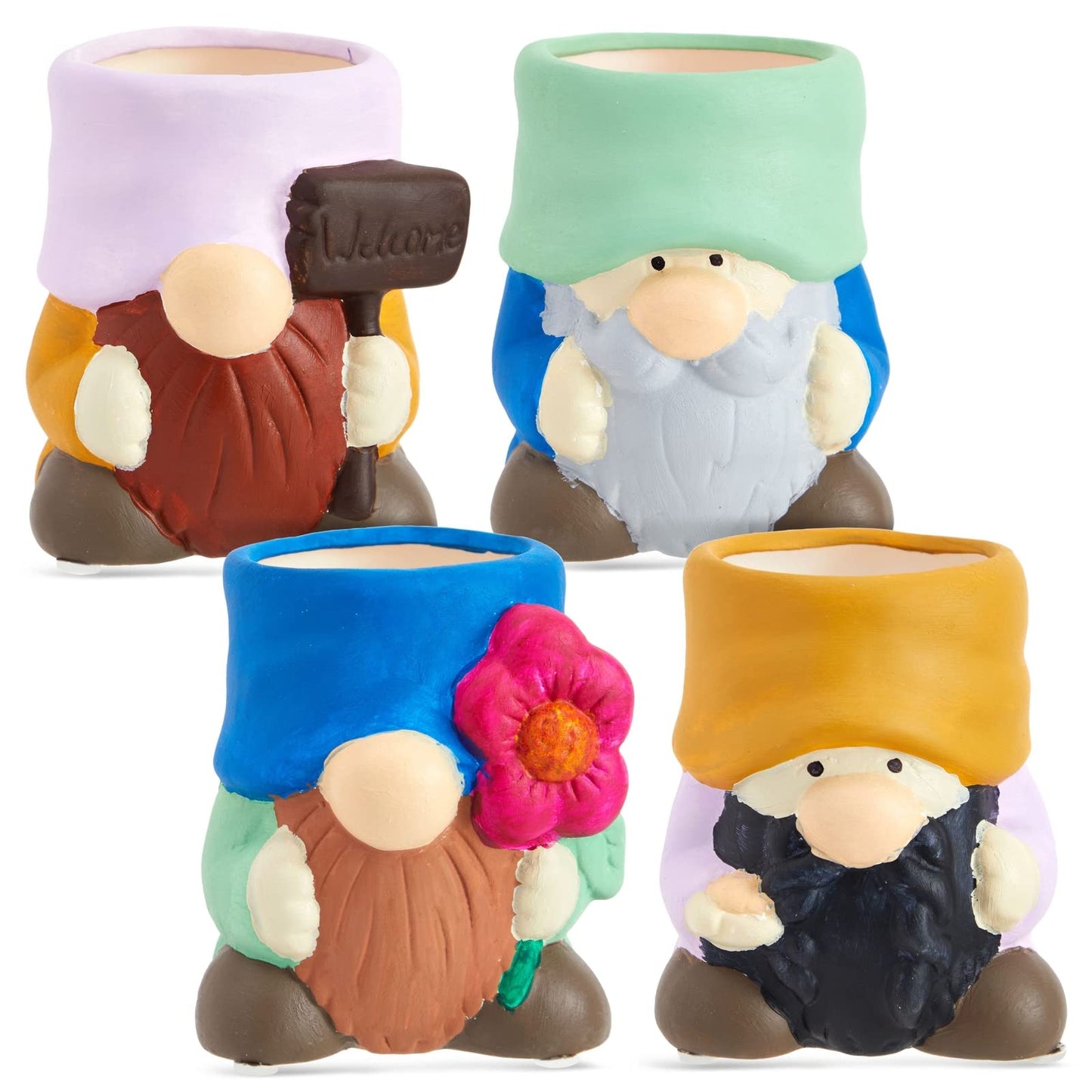 Bright Creations Paintable Ceramic Garden Gnome Planters - 3 x 3 x 4 in, White, Pack of 4, Unfinished - Succulent Pots to Paint with Drainage Holes & Plugs - DIY Pottery Kit