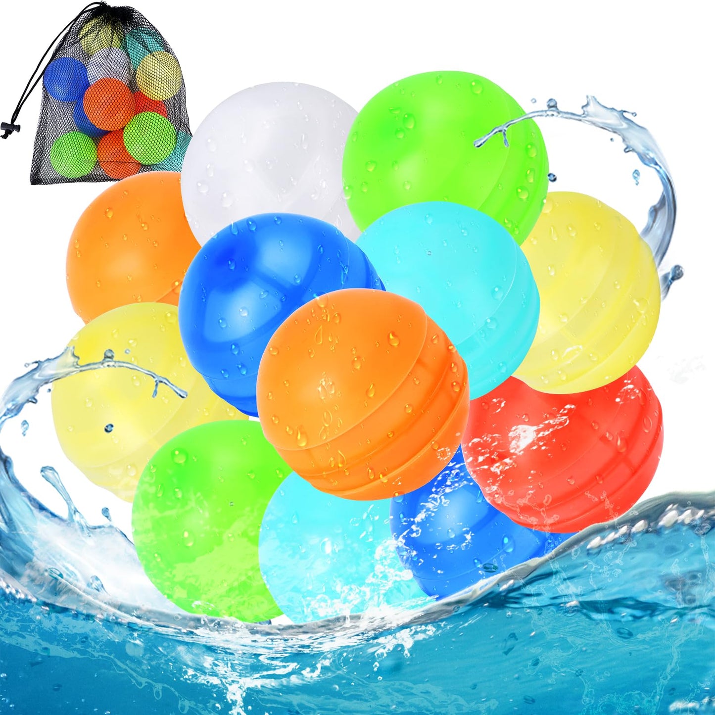Reusable Water Balloons, 12 Pcs Self-Sealing Quick Fill Silicone Water Bombs, One-Hand Easy Fill Refillable Summer Pool Toys Easter Gifts for Kids & Adults, Splash Balls for Water Game
