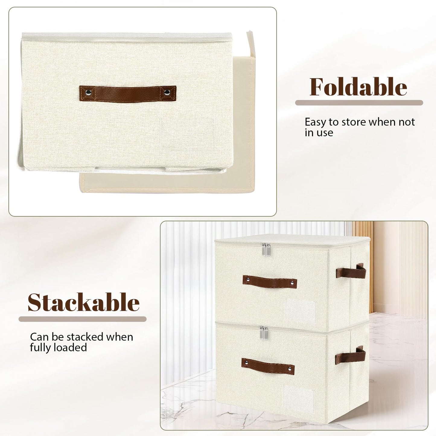 ANMINY Storage Bins with Zipper Lid Storage Boxes with Label Holder PU Leather Handles Washable Foldable Decorative Lidded Cotton Linen Fabric Cubes Baskets Closet Organizer - Beige, Large